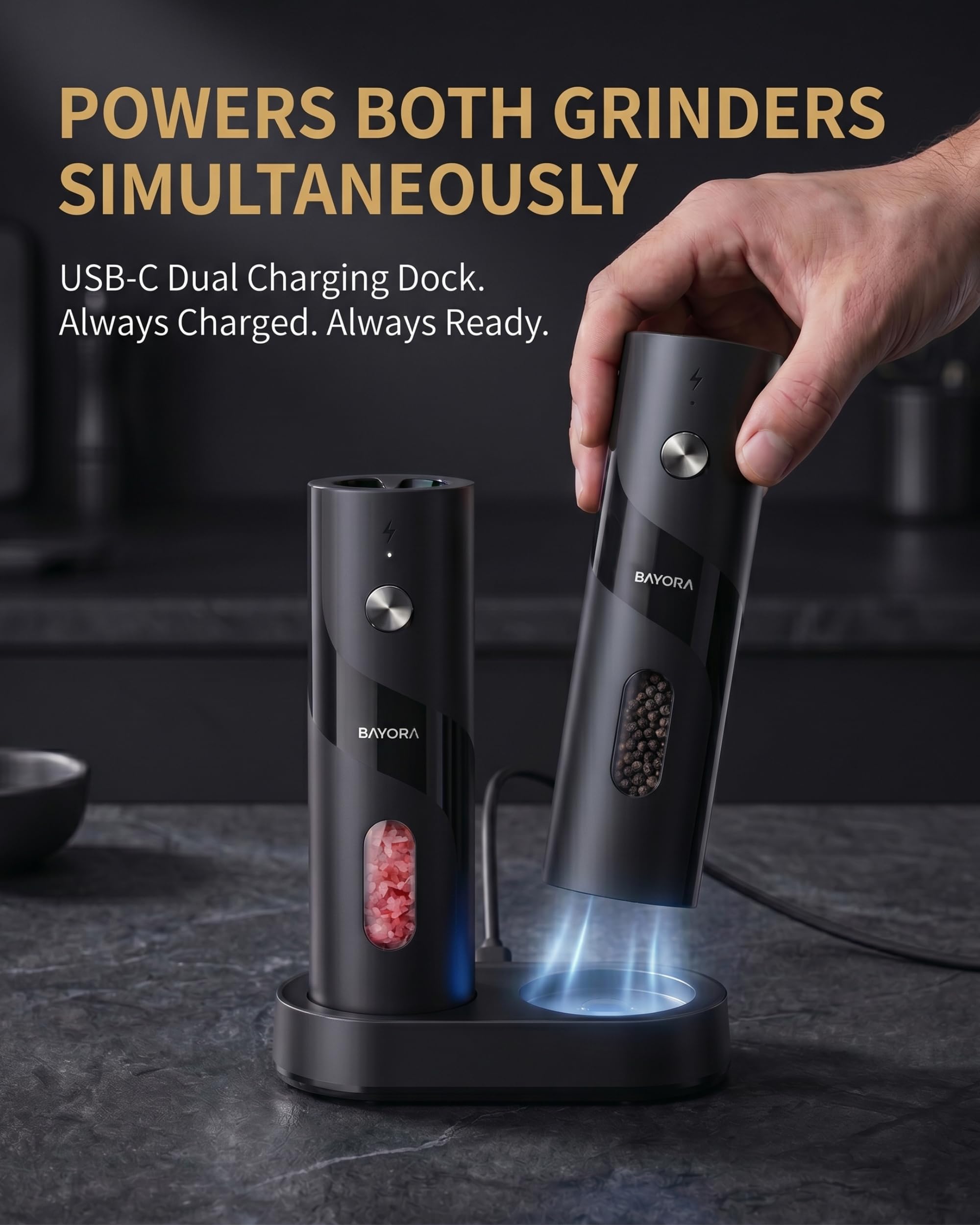 USB-C charging dock powering BAYORA grinders
