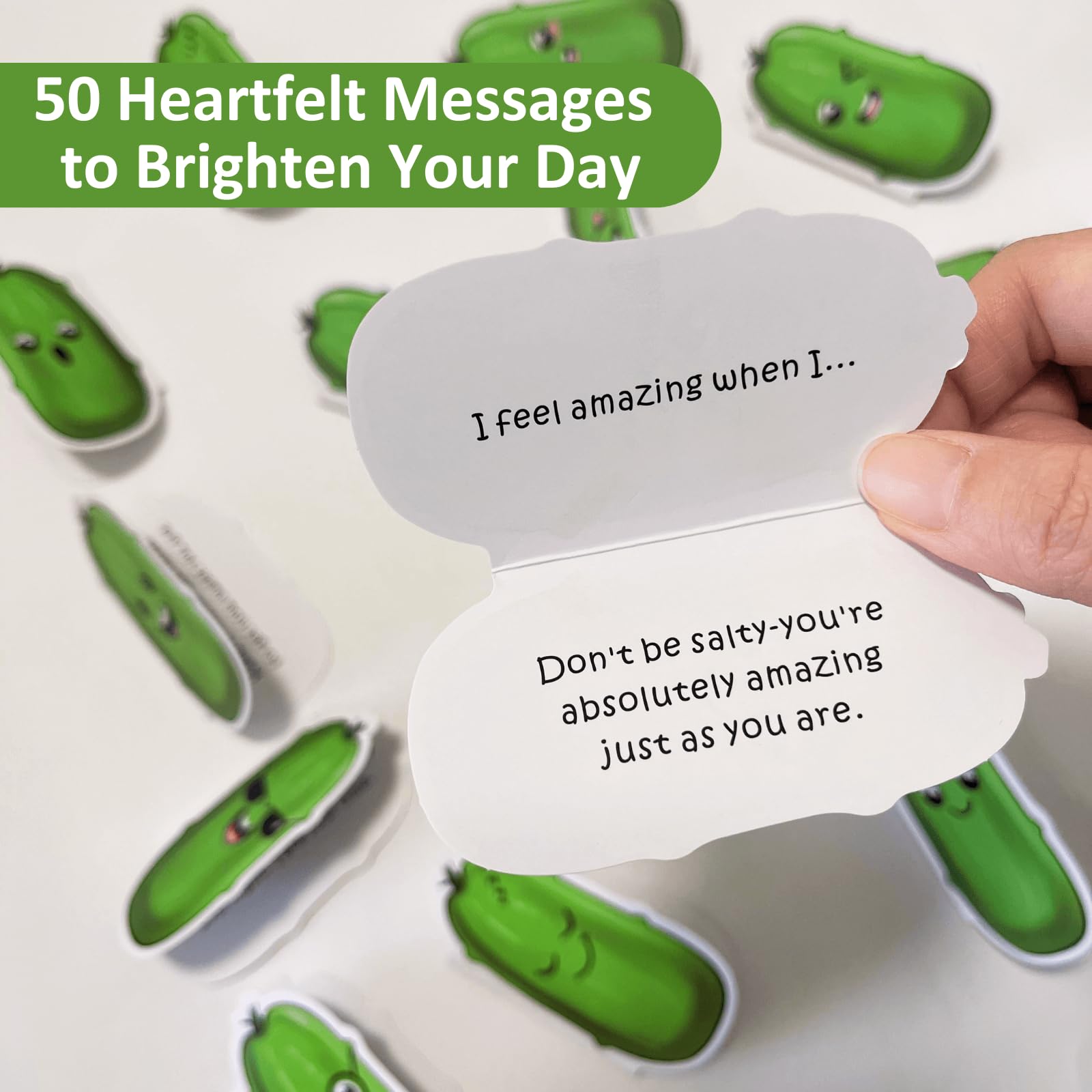 Emotional support pickle cards with uplifting quotes