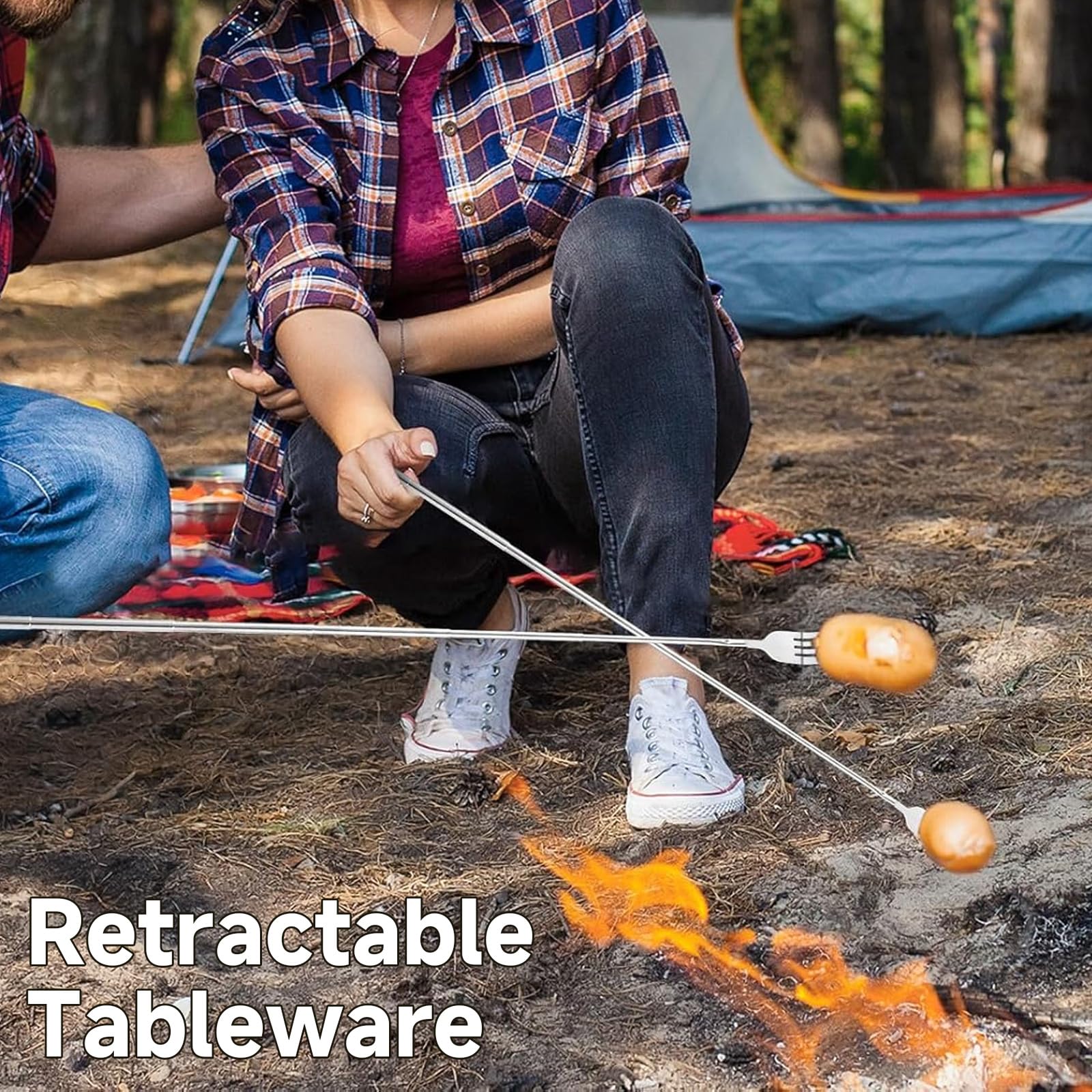 Telescopic noodle spoons and BBQ forks in set