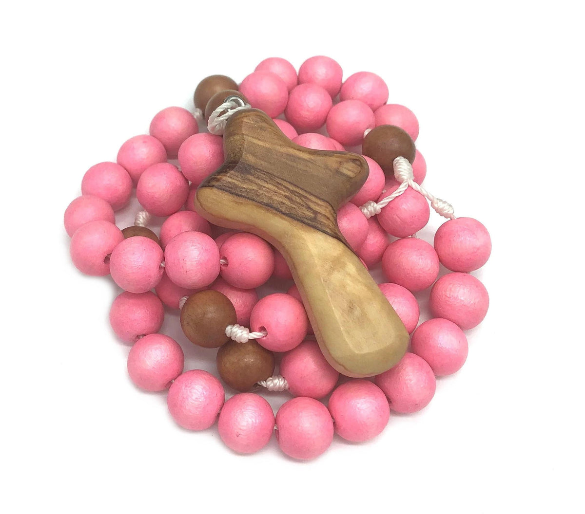 BC Inspirations Wooden Rosary Light Pink with Bethlehem olivewood cross and 12 mm beads