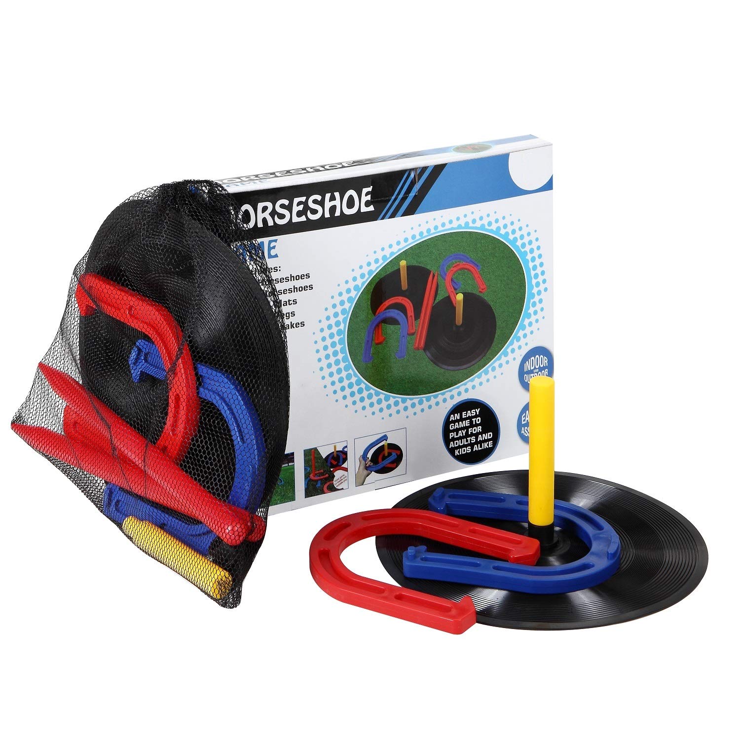 Beach and backyard horseshoes game setup with equipment