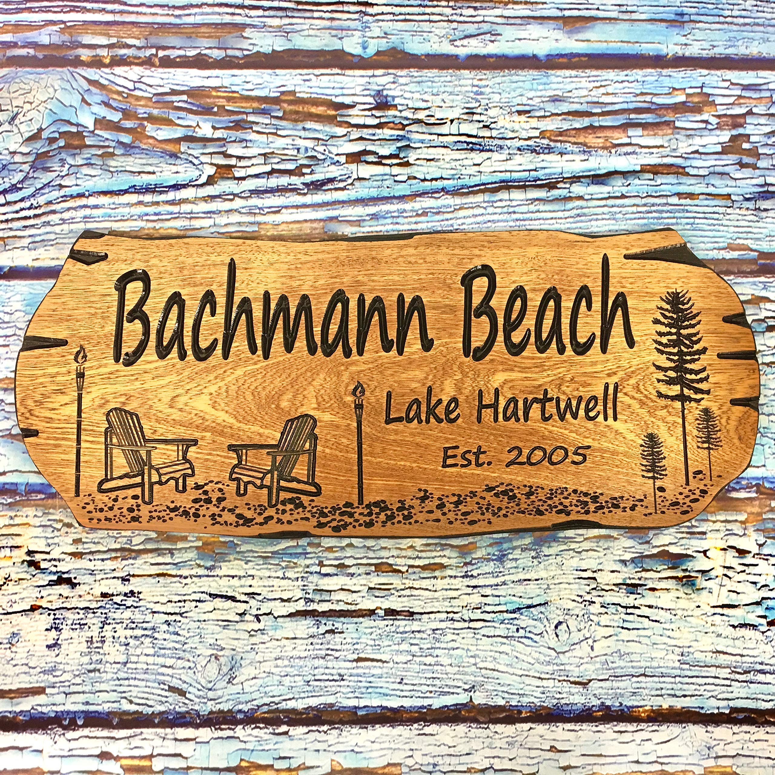Lakeside cabin decor with personalized beach house sign outdoors
