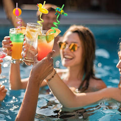 Vibrant beach party straw designs including water gun and beach ball