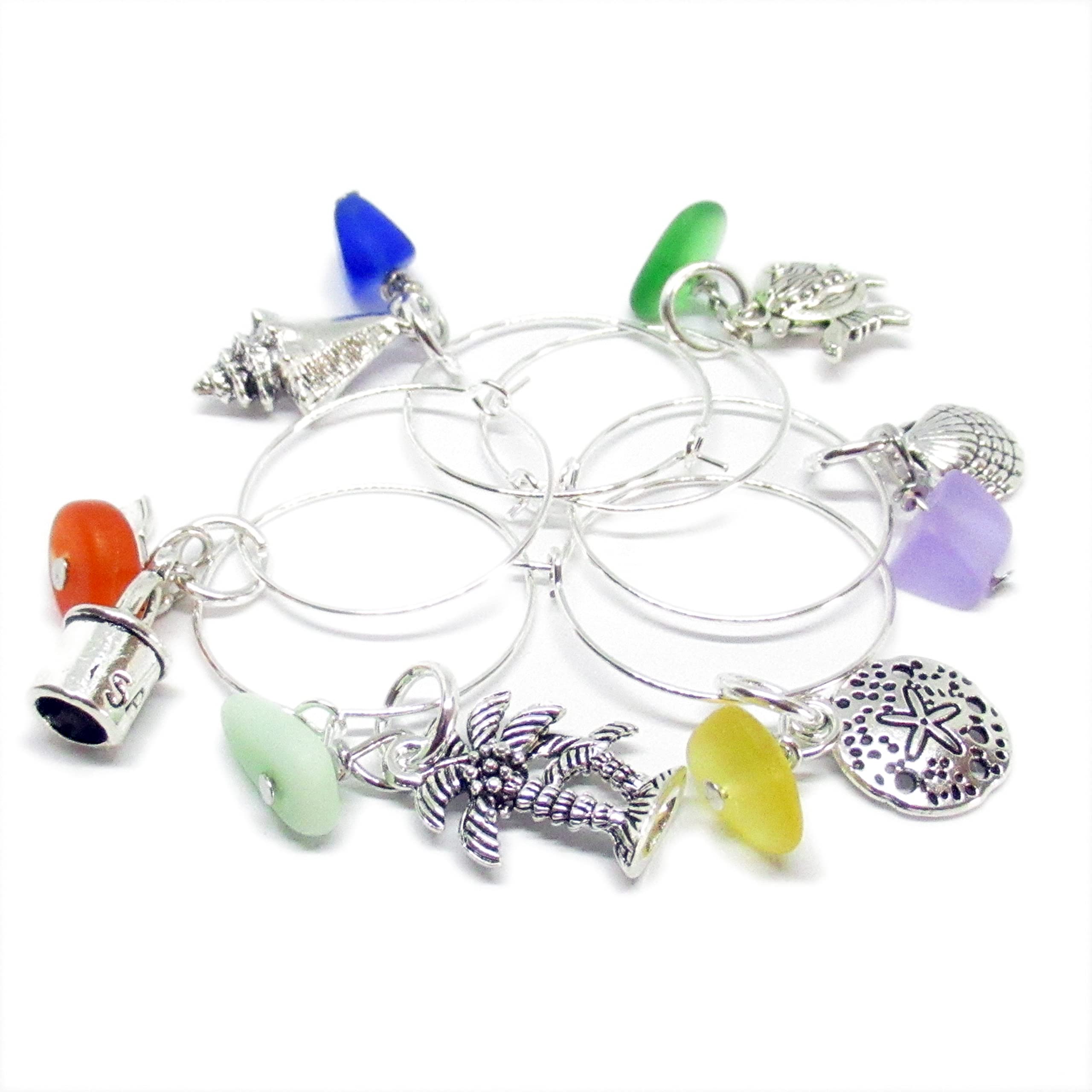 Beach themed pendants and Sea Glass Nuggets on wine charms