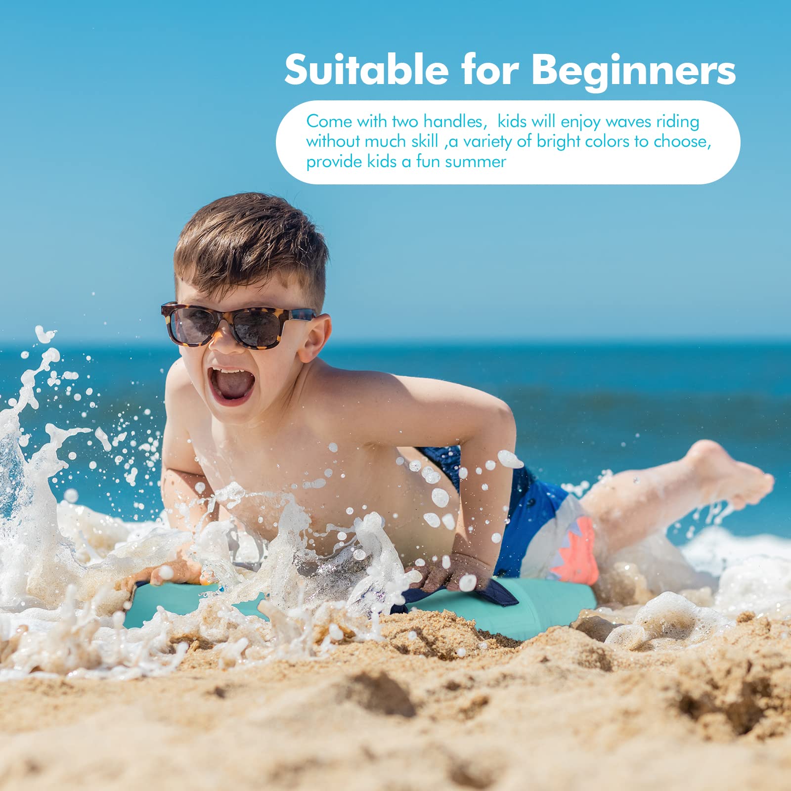 Kids and adults using inflatable surf board at beach
