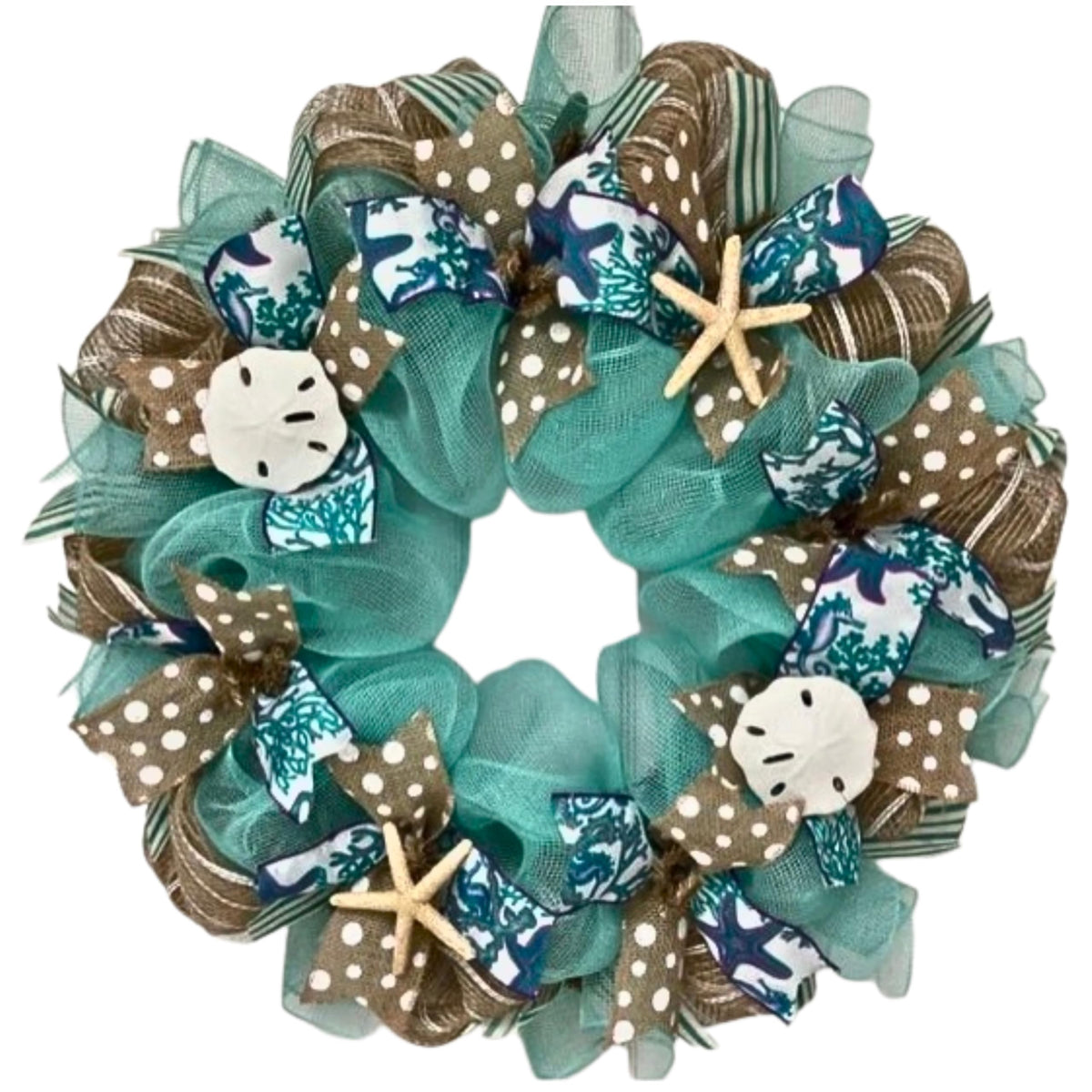 Beach Wreath 24 inch starfish sand dollar on turquoise deco mesh front door decor