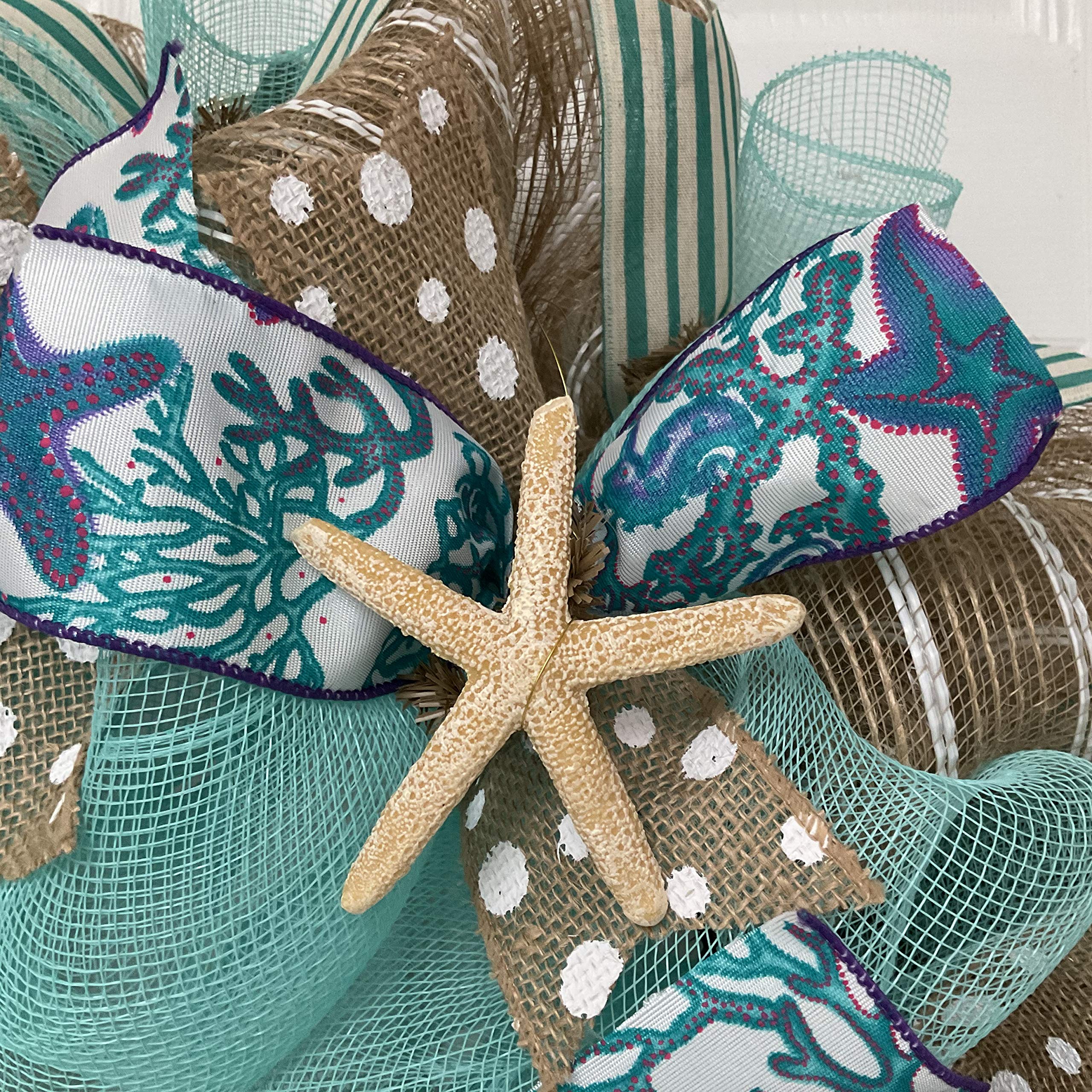 Outer ring burlap and white striped deco mesh on wreath