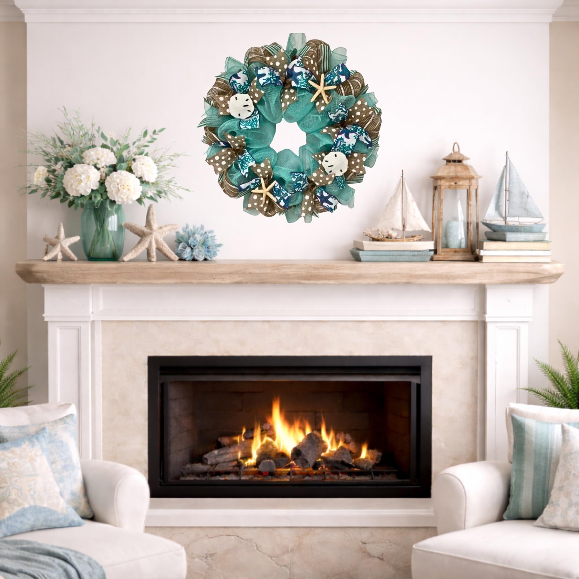 Starfish sand dollar accents on turquoise deco mesh wreath