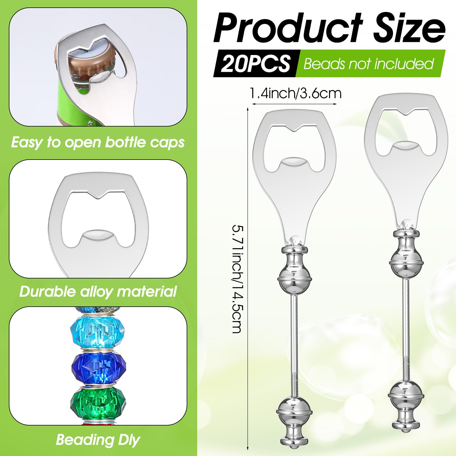 Beadable beer opener size 5.71 x 1.42 inches stainless steel silver