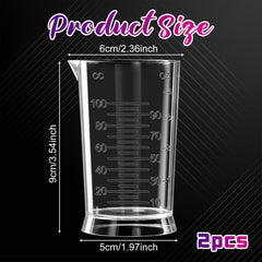 Two clear 4 oz hair dye measuring cups with ounce and milliliter markings