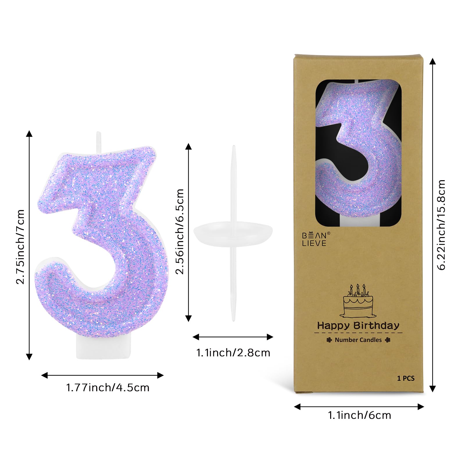 2.76 inch BEAN LIEVE candle number 3 with sequins