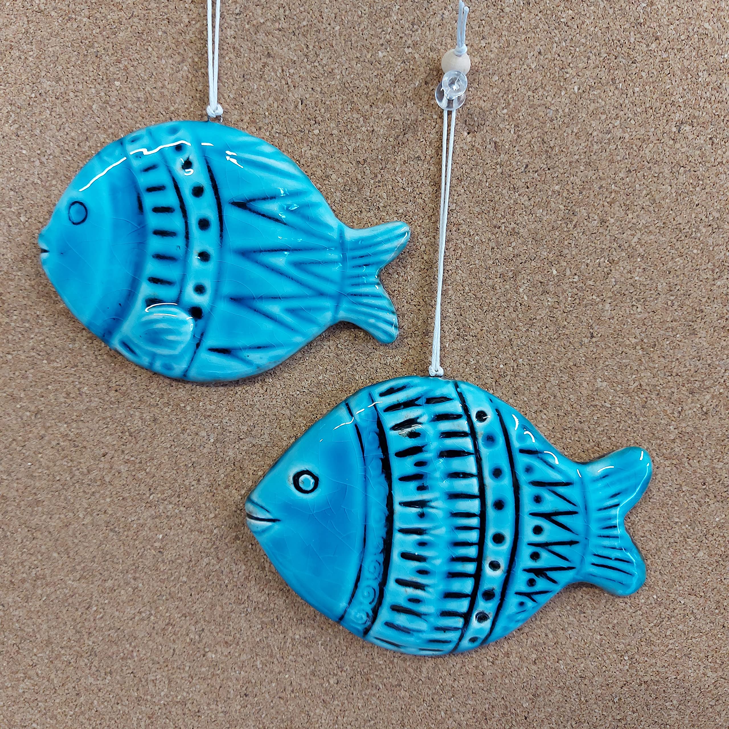 Handcrafted ceramic fish with back hooks for wall hanging