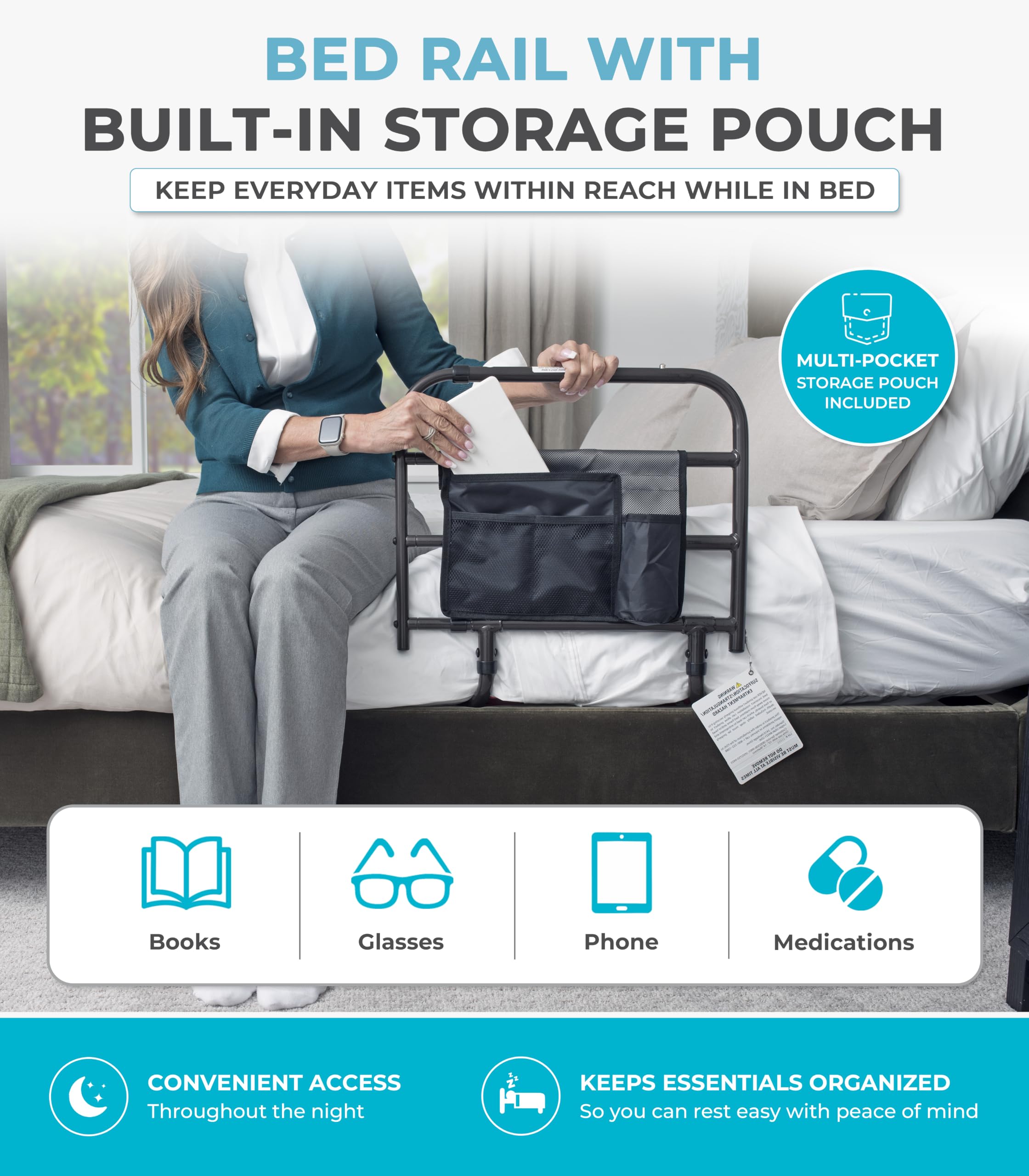 Traditional bed compatibility with safety strap and 10–14 inch mattress