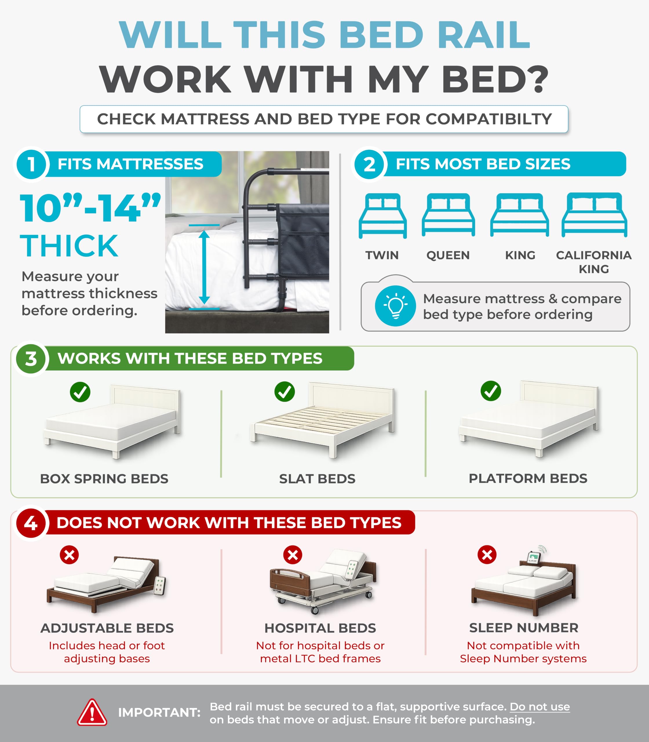 Not intended for adjustable beds or hospital beds