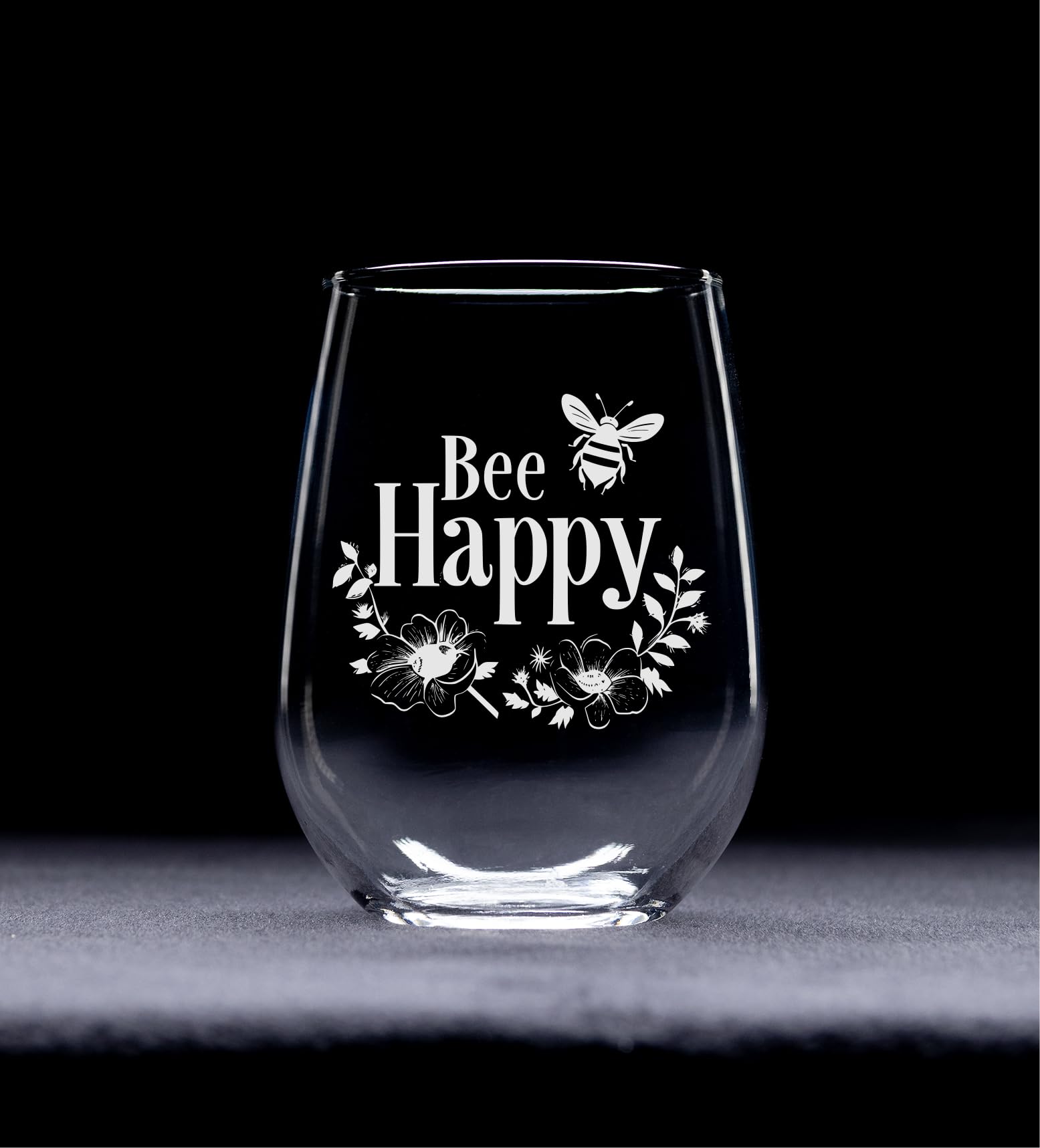 bee happy with flowers motif etched glass stemless wine glass