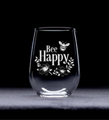 bee happy with flowers motif etched glass stemless wine glass