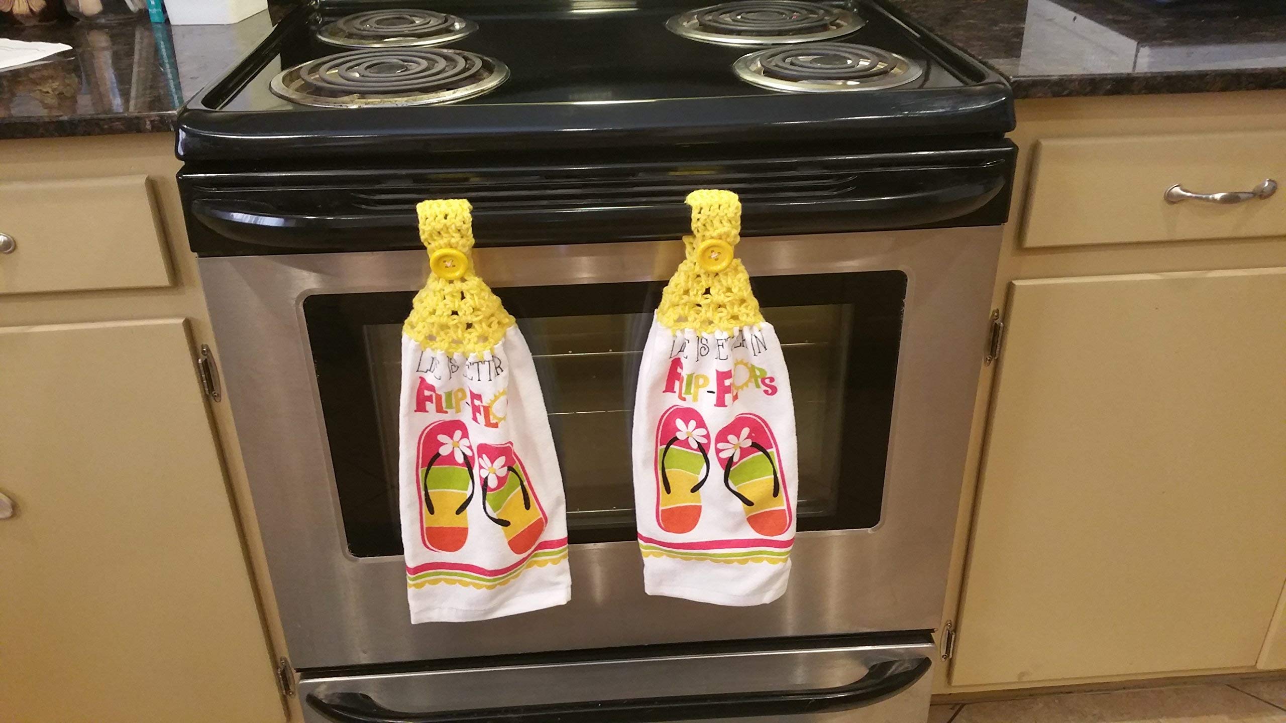 Bee Happy Kitchen Towel with crochet top and hanging button for stove handle