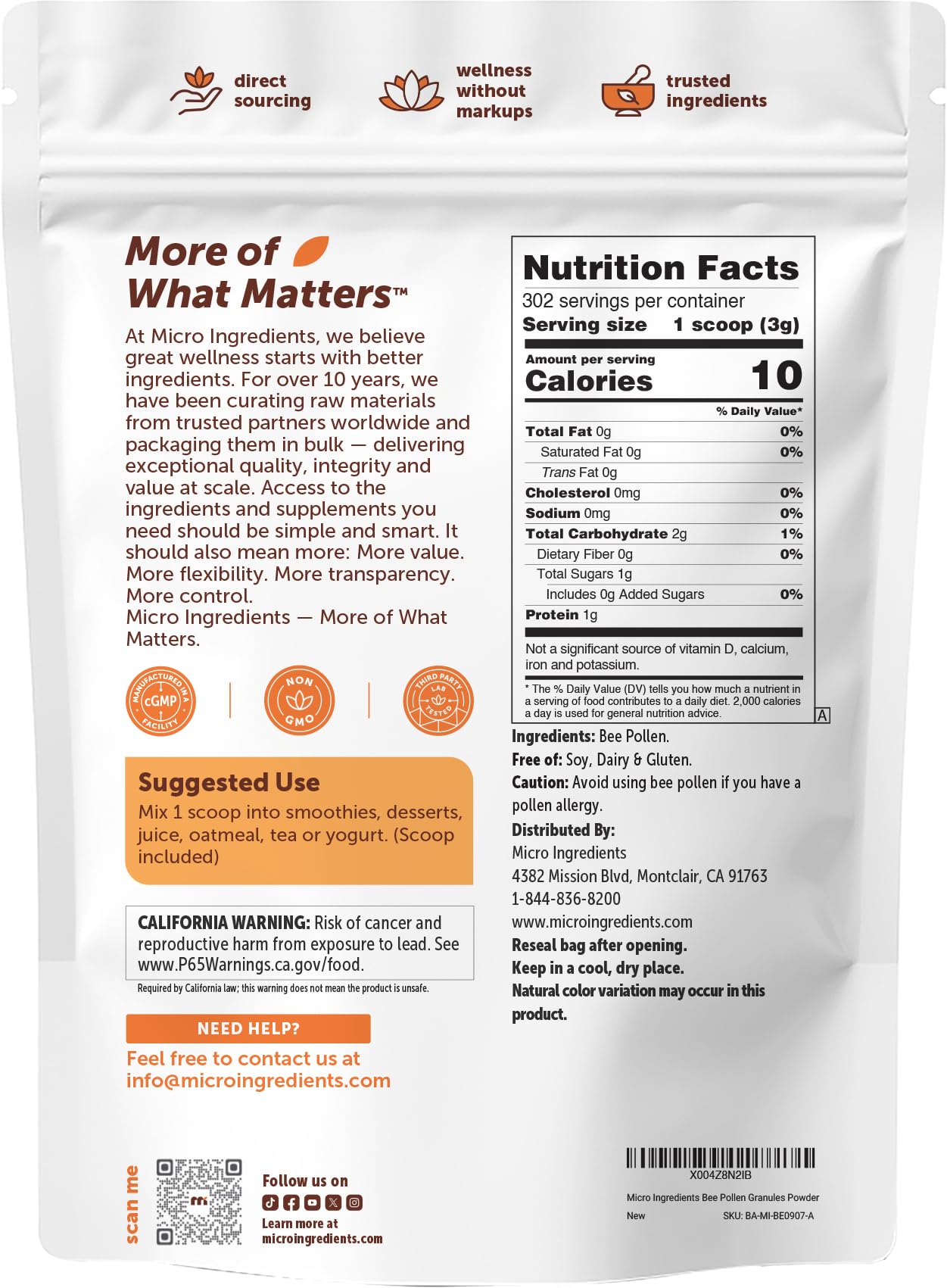 Gluten free dairy free soy free bee pollen ingredients