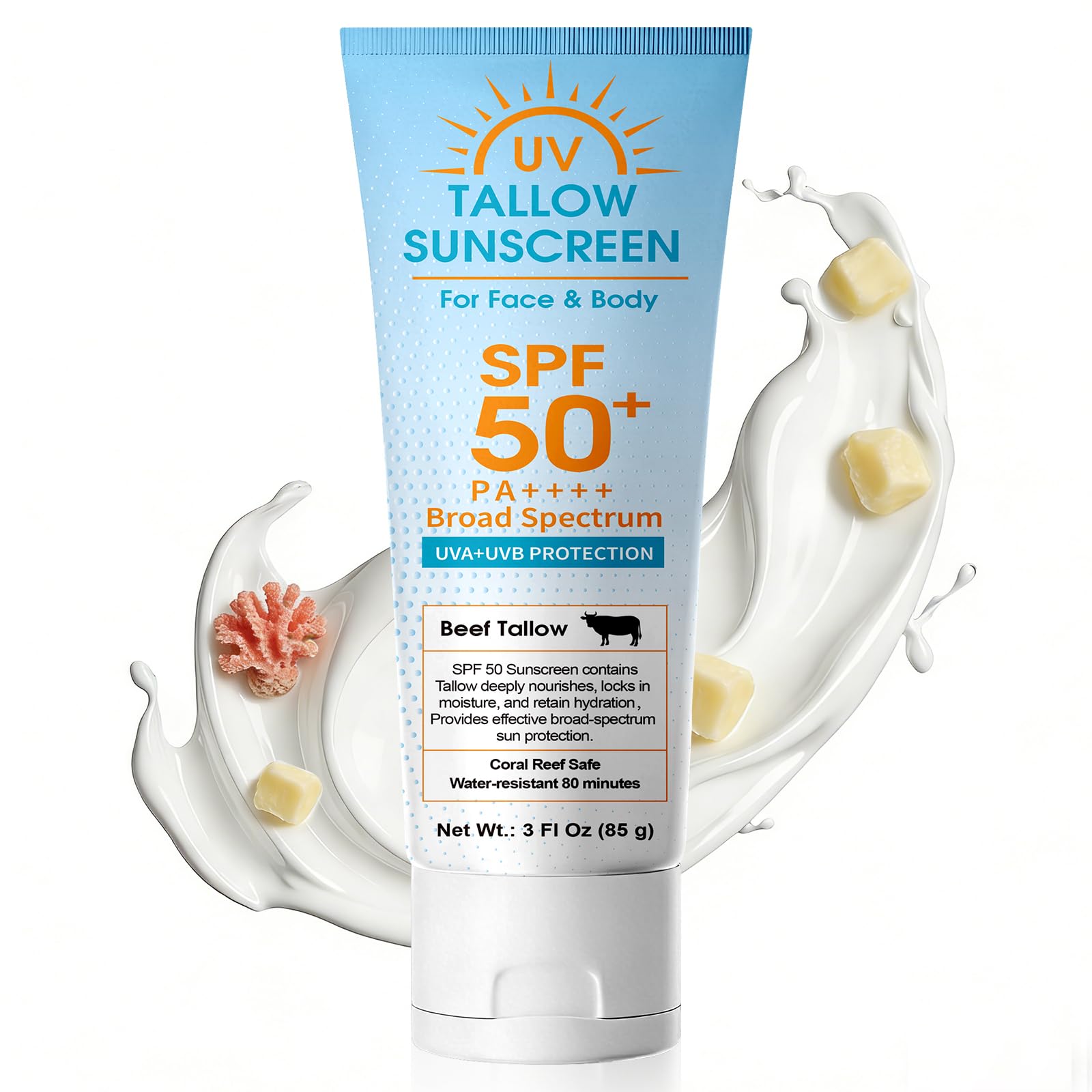 Beef Tallow Sunscreen bottle with non-nano zinc oxide