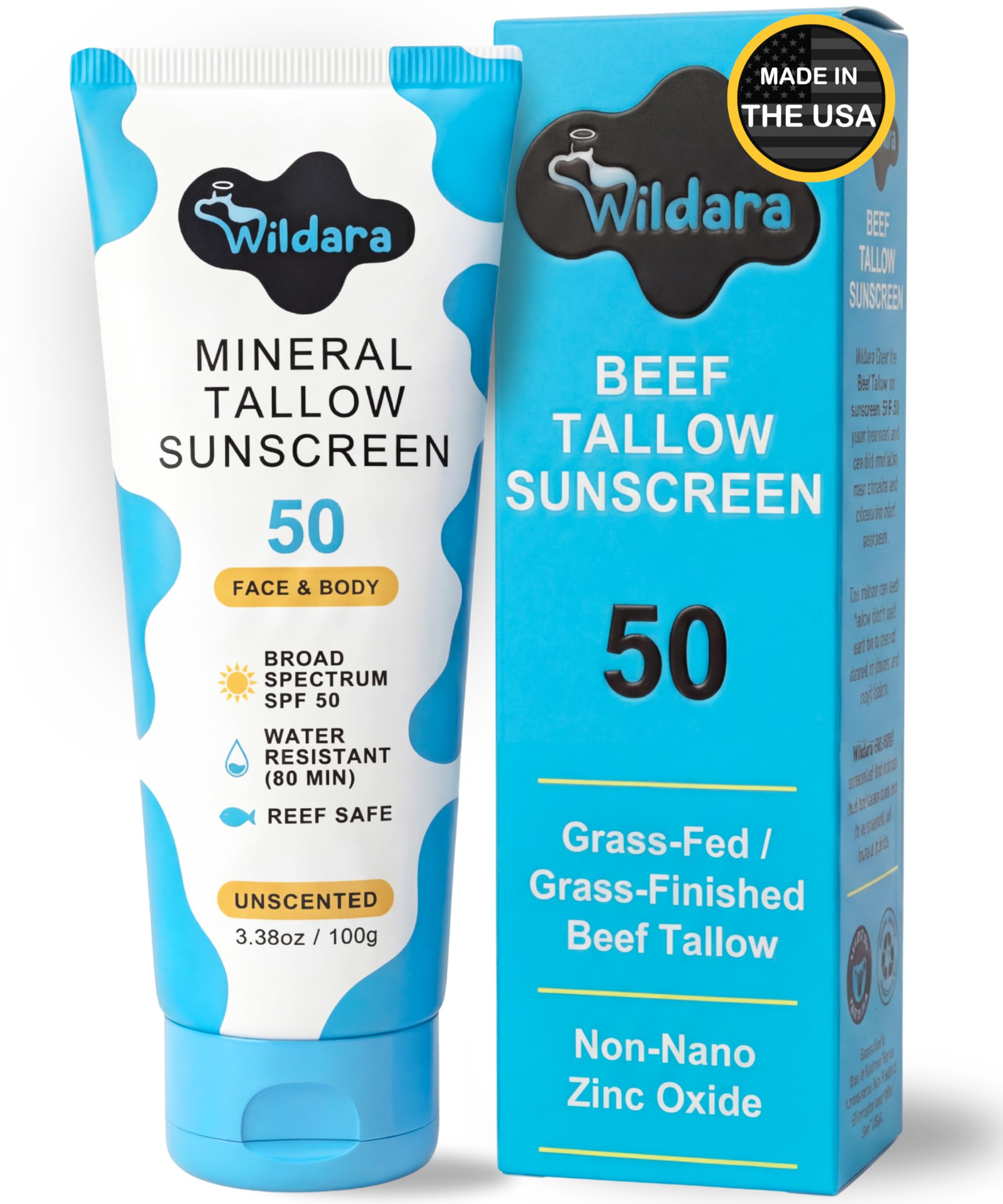 Wildara beef tallow sunscreen SPF 50 bottle label