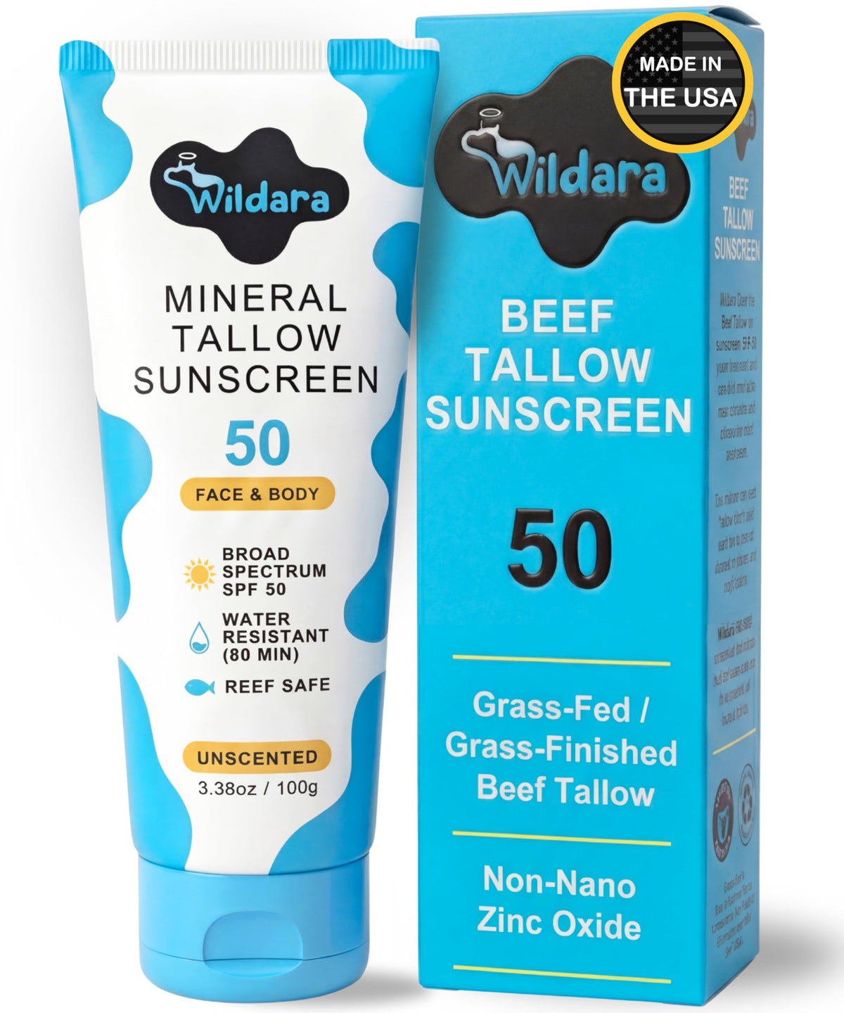 Wildara beef tallow sunscreen SPF 50 bottle label