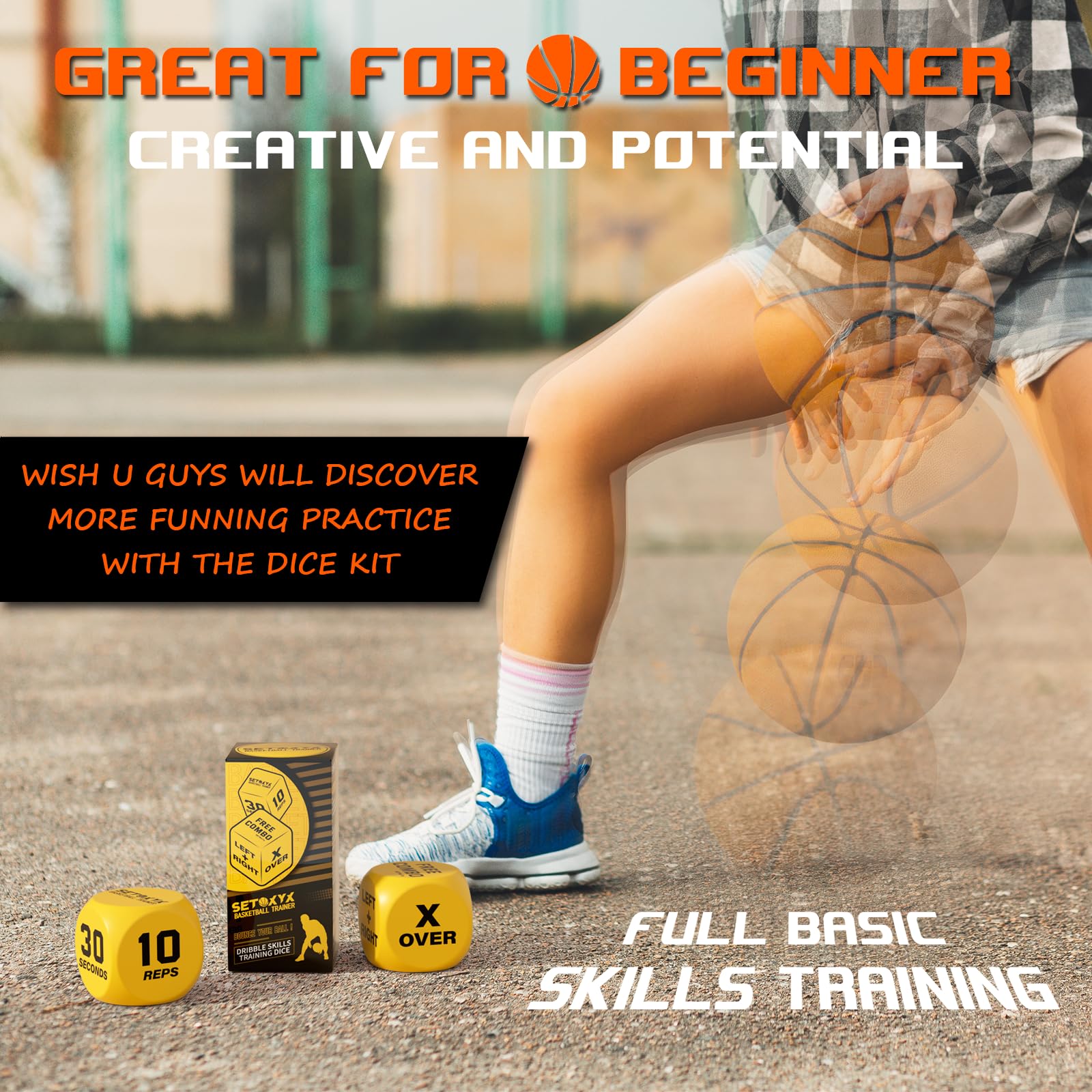 Compact basketball dribble skills dice training kit for solo or partner play