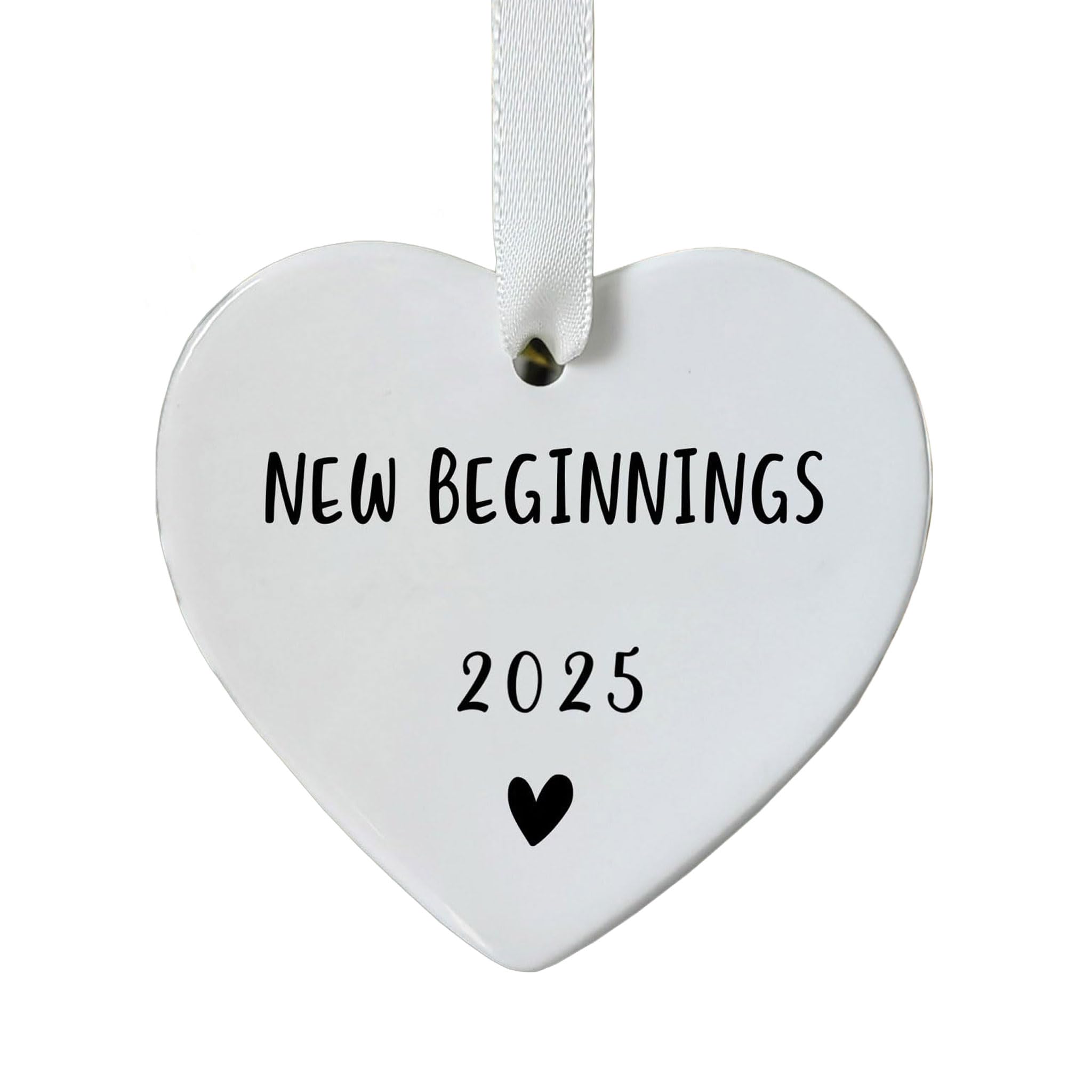 Beginnings 2025 Ornament heart shaped ceramic with white ribbon