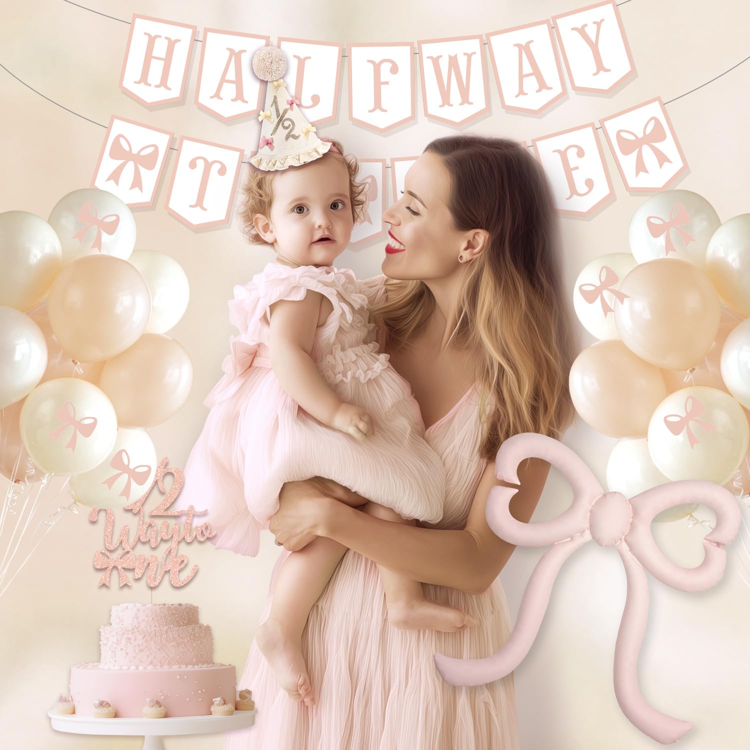 Beige bow foil balloon for half birthday decor