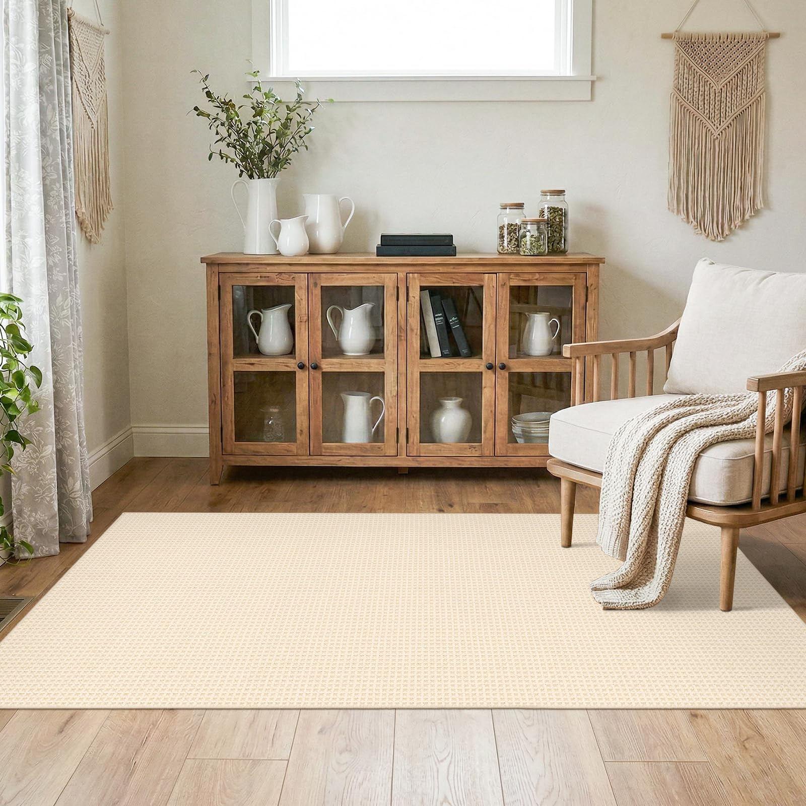 Beige entryway rug with waffle texture and safety backing