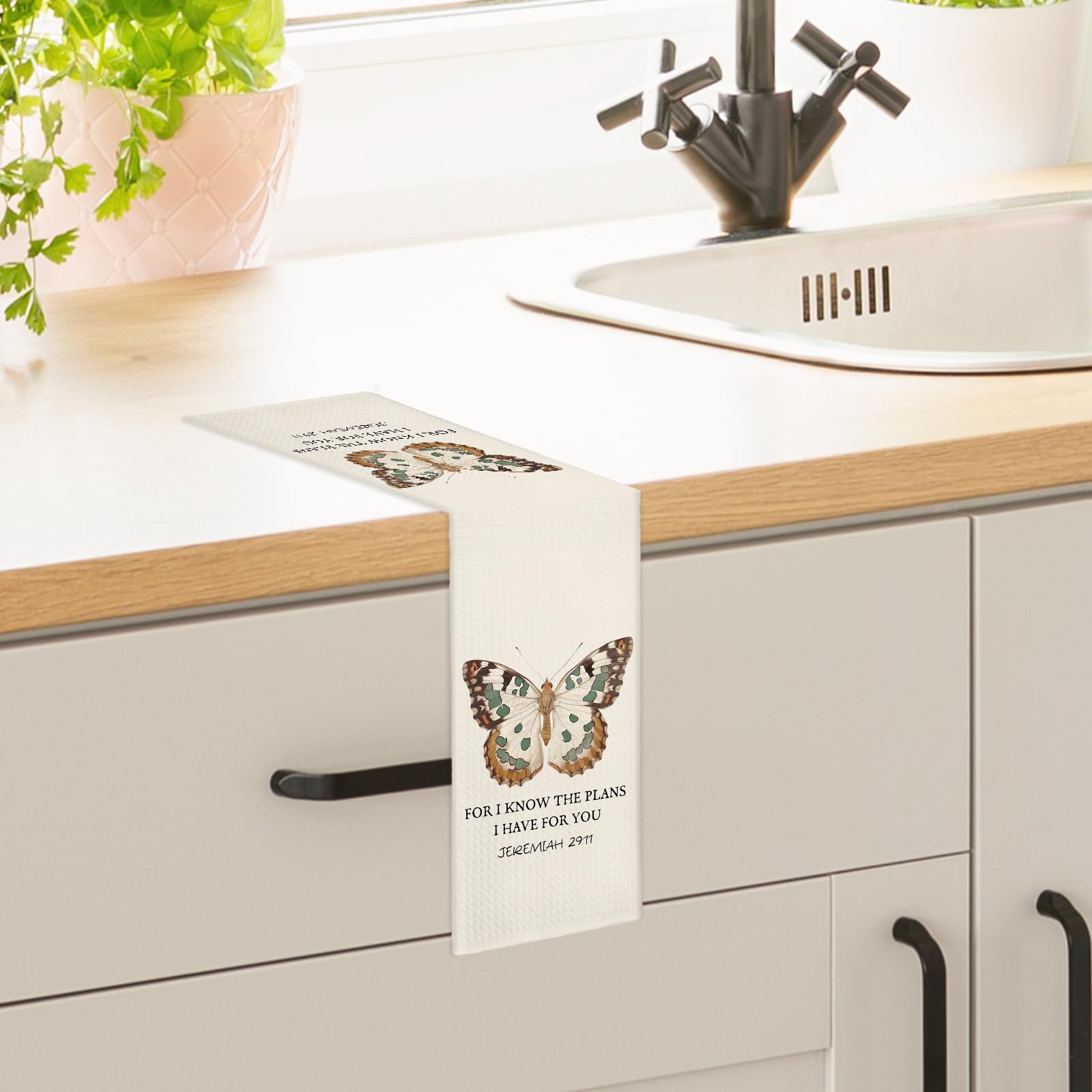 Beige kitchen towel 16x24 size and Bible verses motif