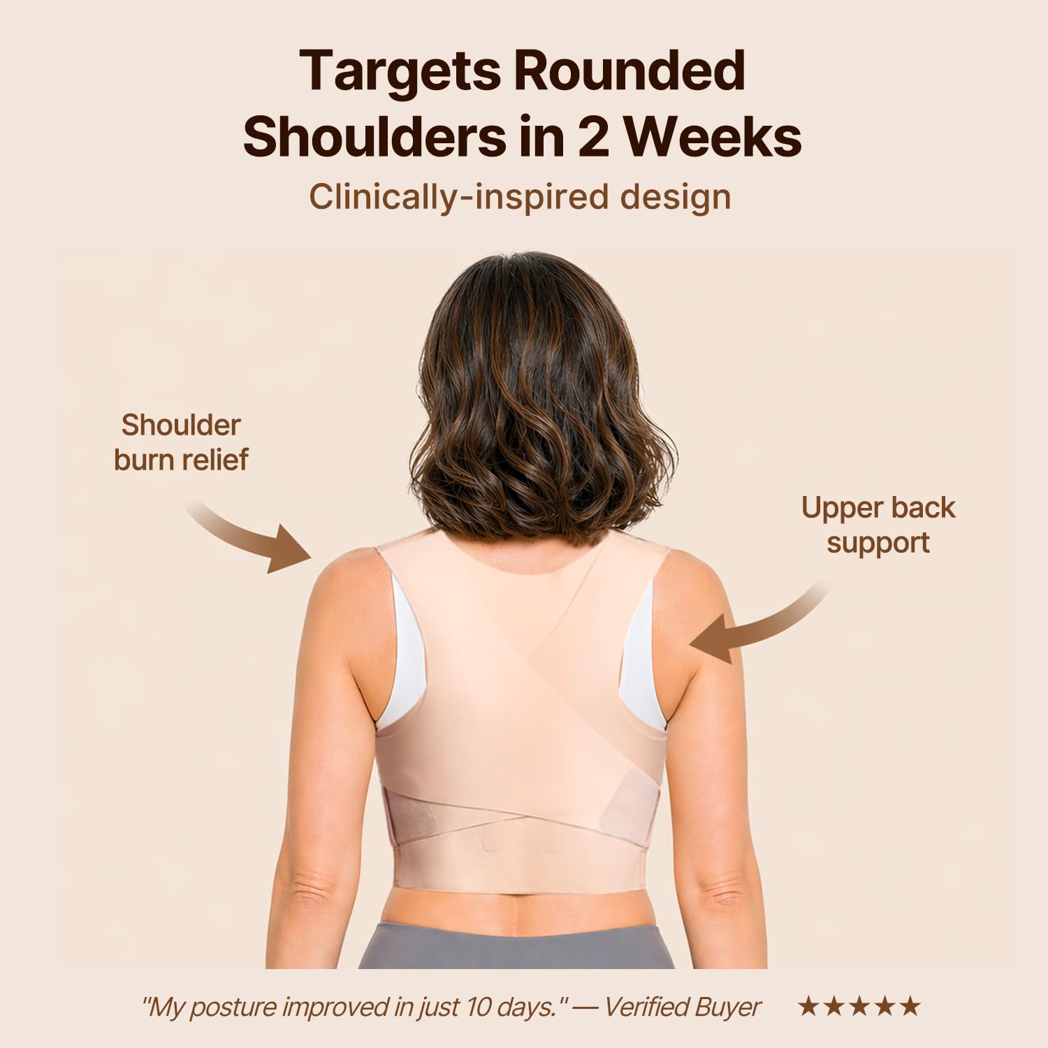 Beige low-profile posture brace designed to sit under clothes