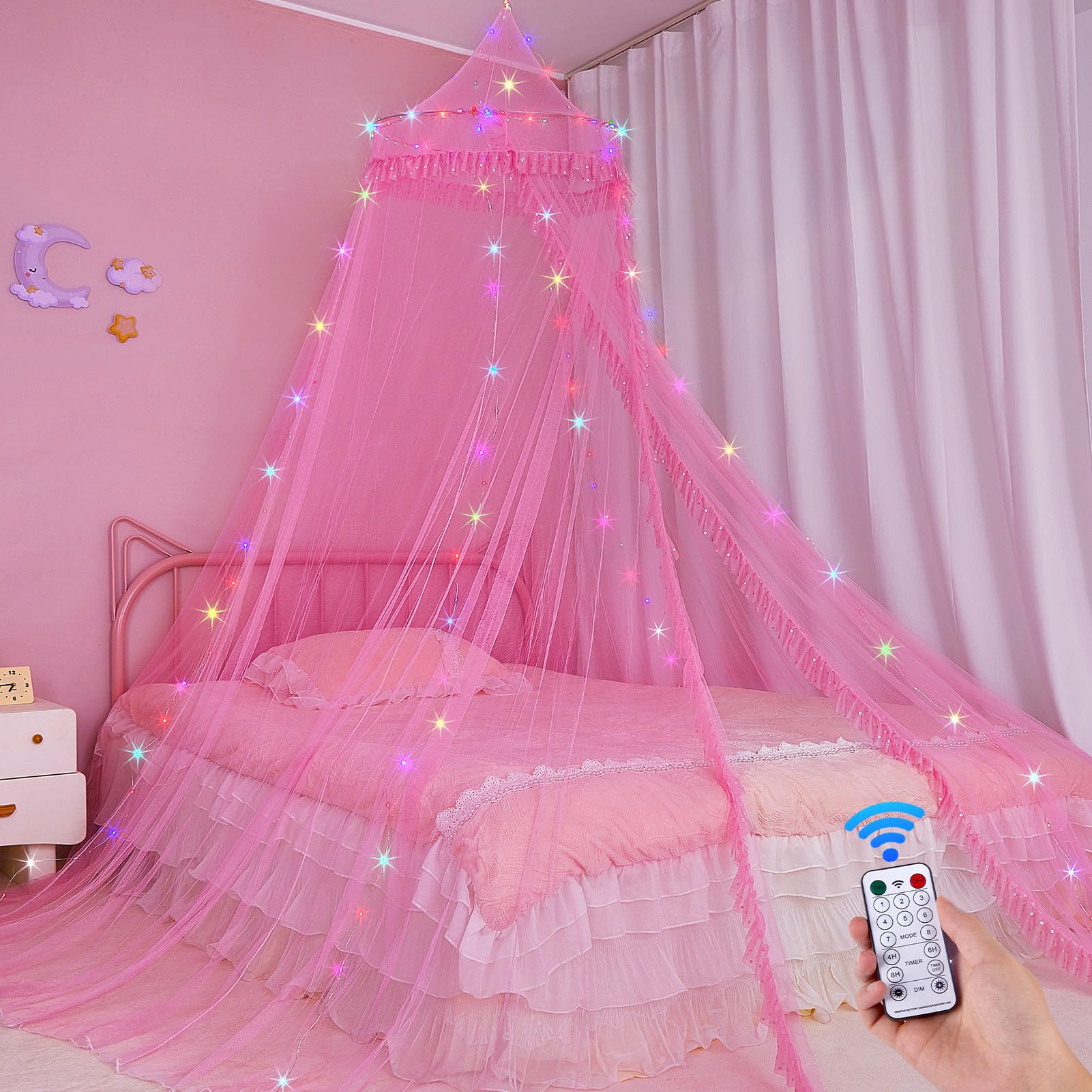 Beinou bed canopy for girls with LED lights and timer remote