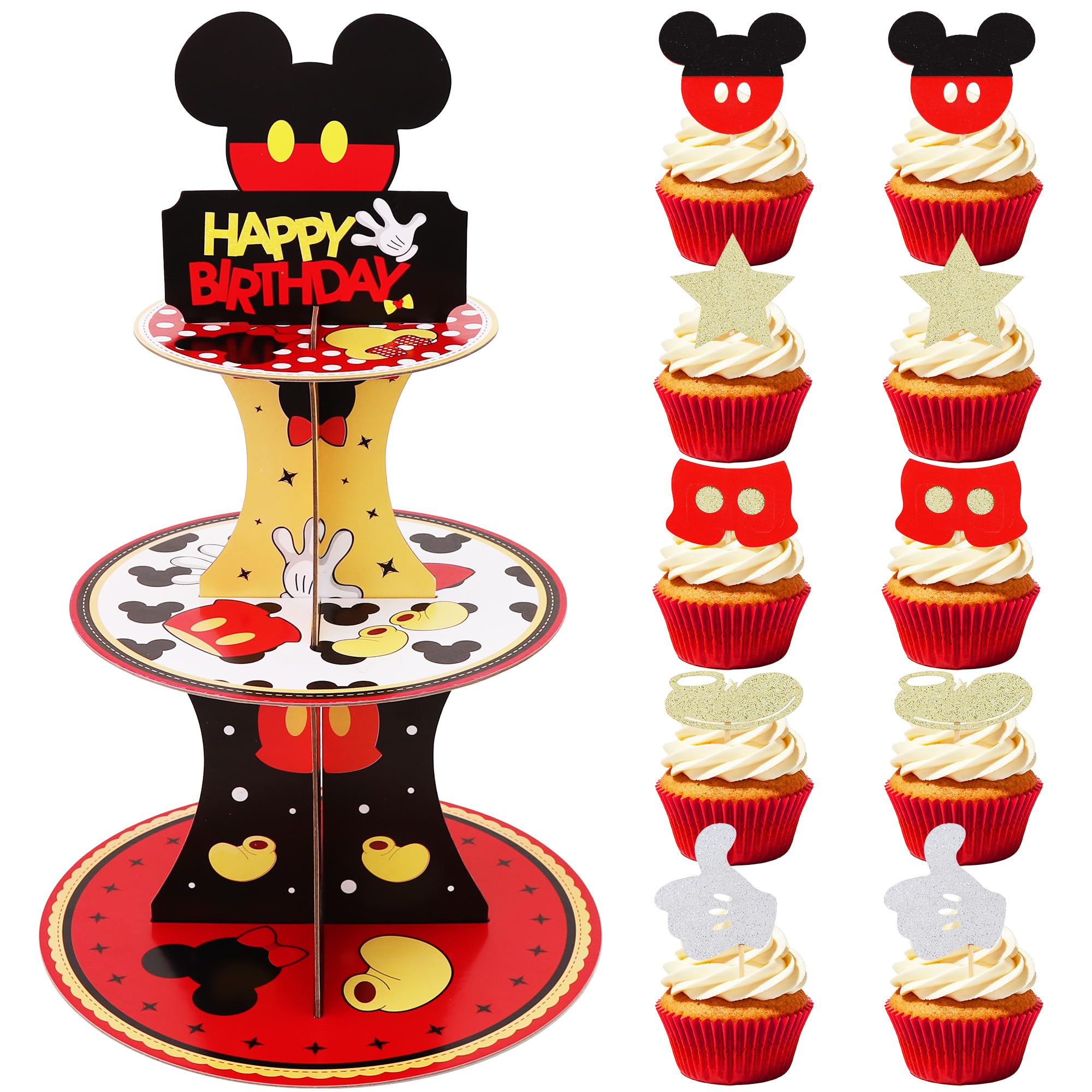 BEISHIDA 3-Tier Black and Red Cupcake Stand with toppers