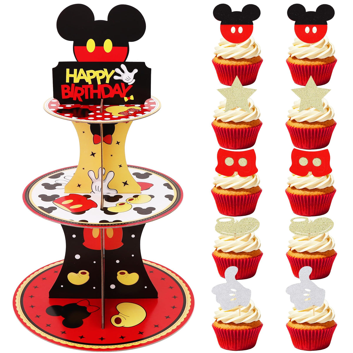 BEISHIDA 3-Tier Black and Red Cupcake Stand with toppers