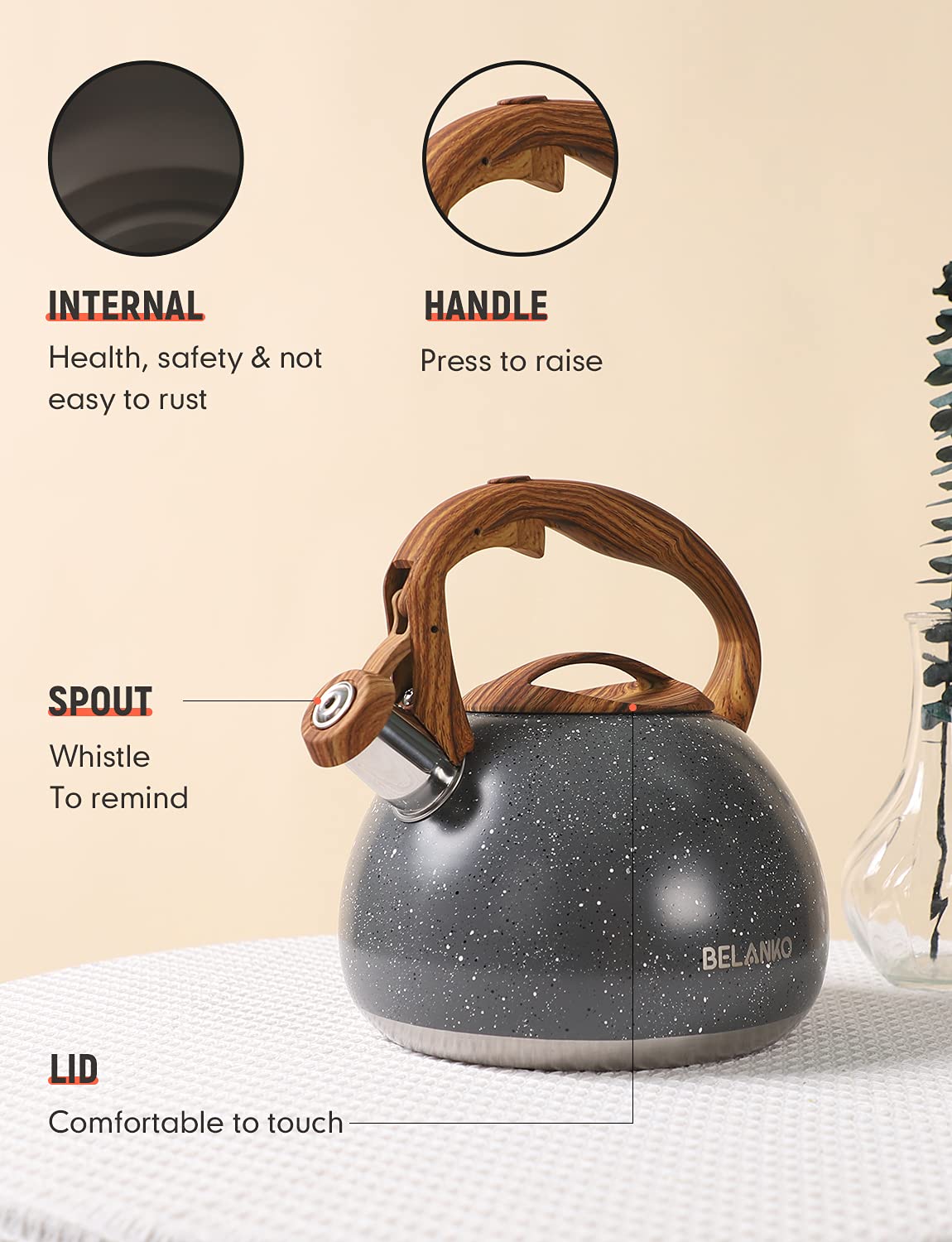 BELANKO tea kettle with heat resistant handle and pour spout button