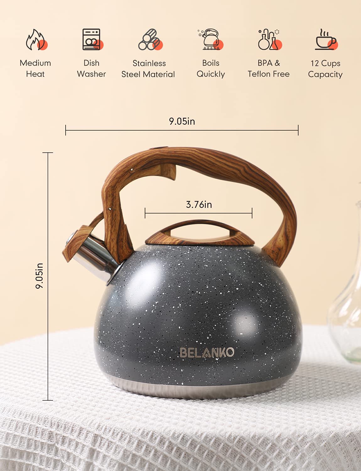 Induction compatible BELANKO tea kettle on burner