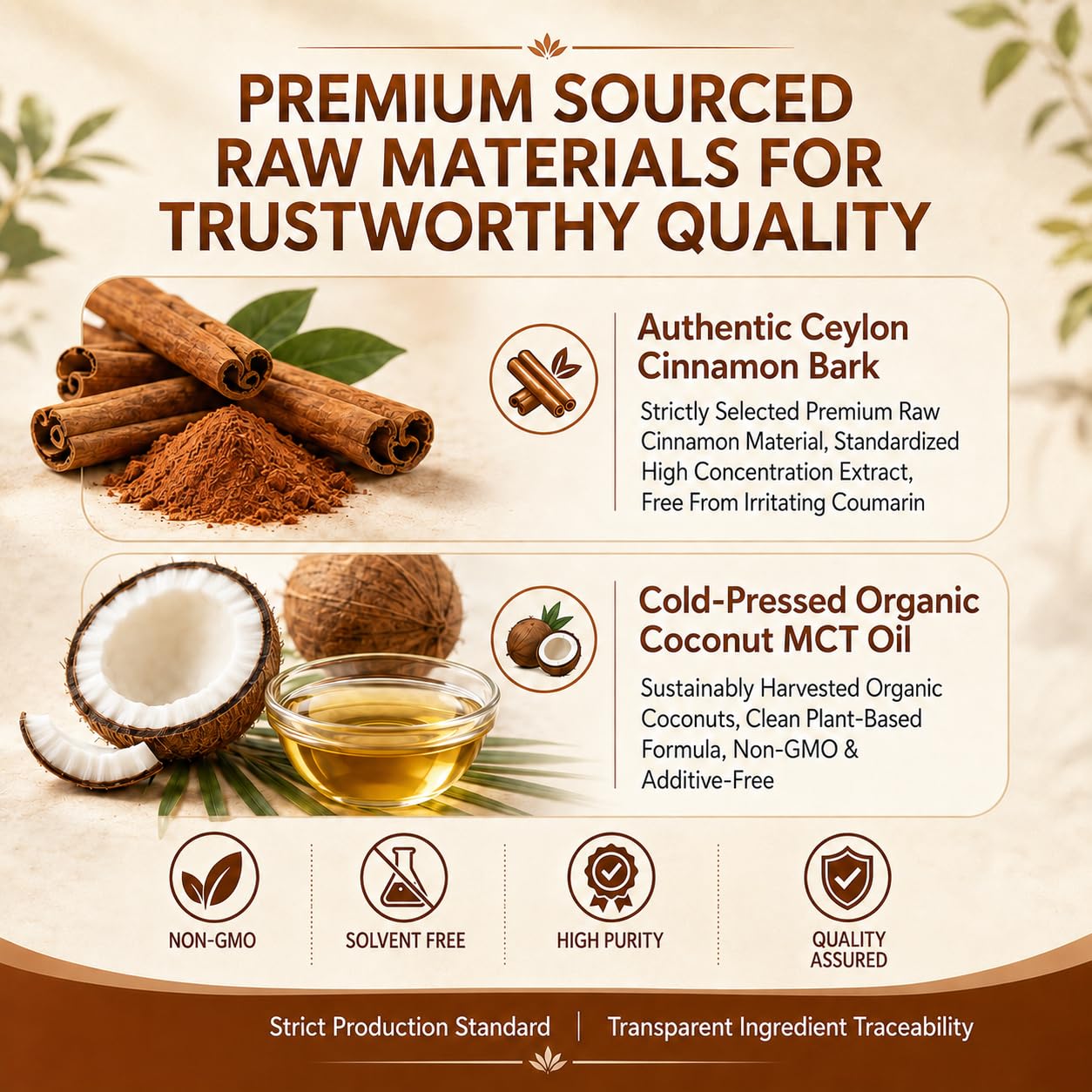 Ceylon cinnamon MCT oil softgels on packaging background