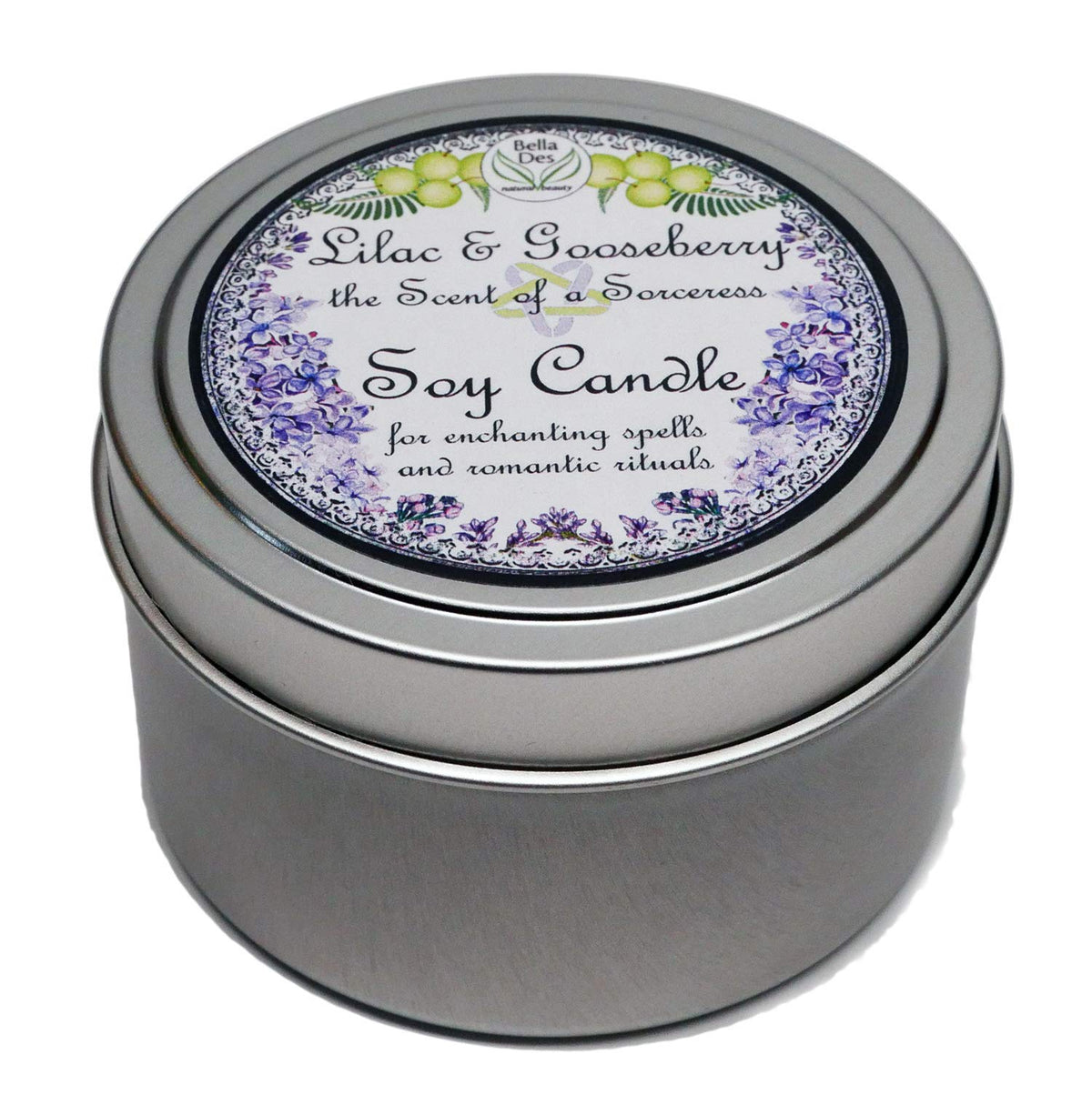 Bella Des Natural Beauty Lilac and Gooseberry candle in tin