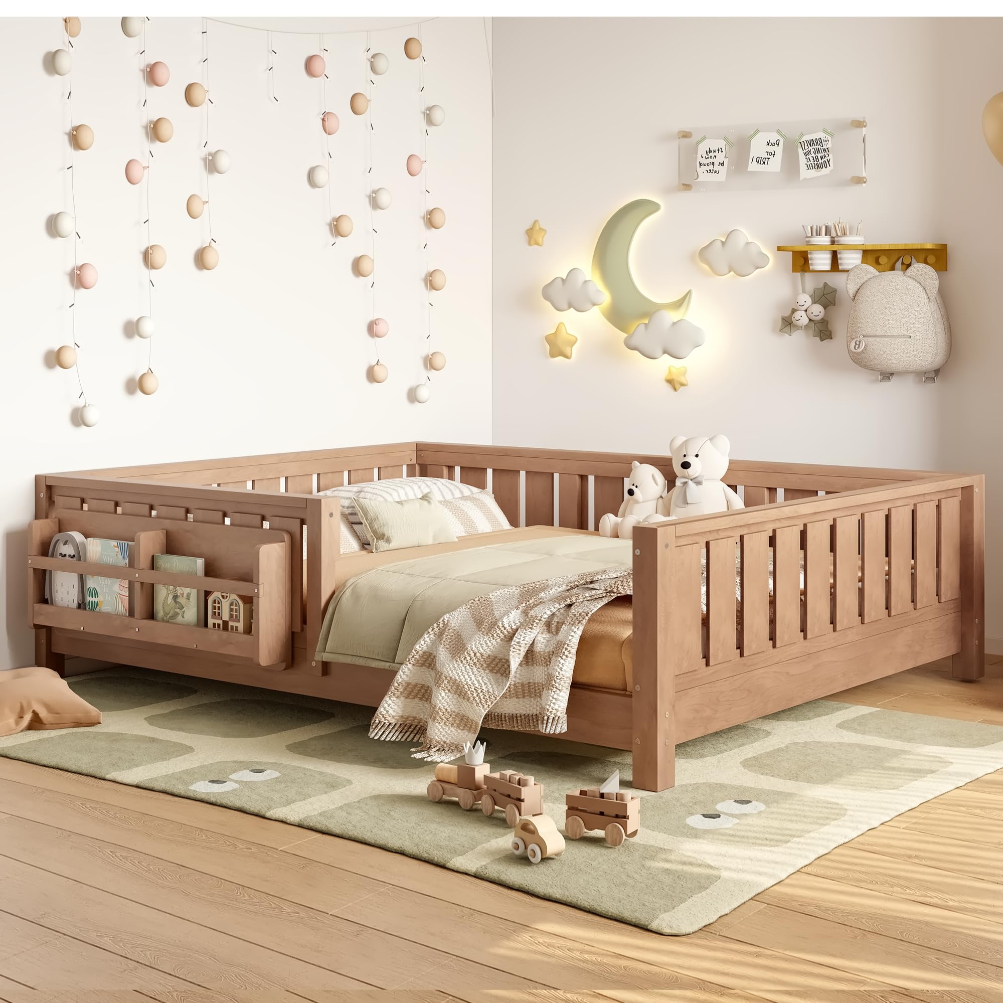 Built in bookshelf on Montessori bed