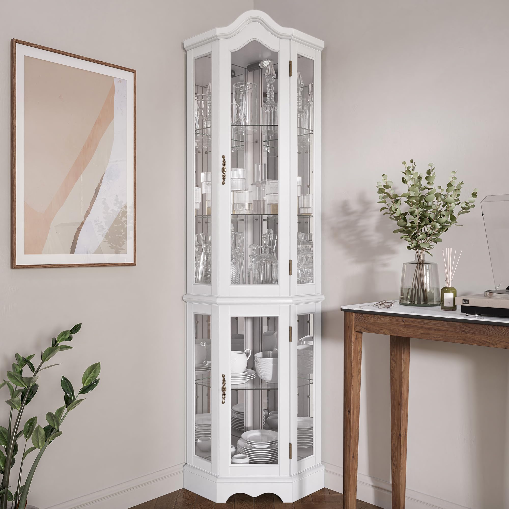 White BELLEZE curved wood corner cabinet with tempered glass doors