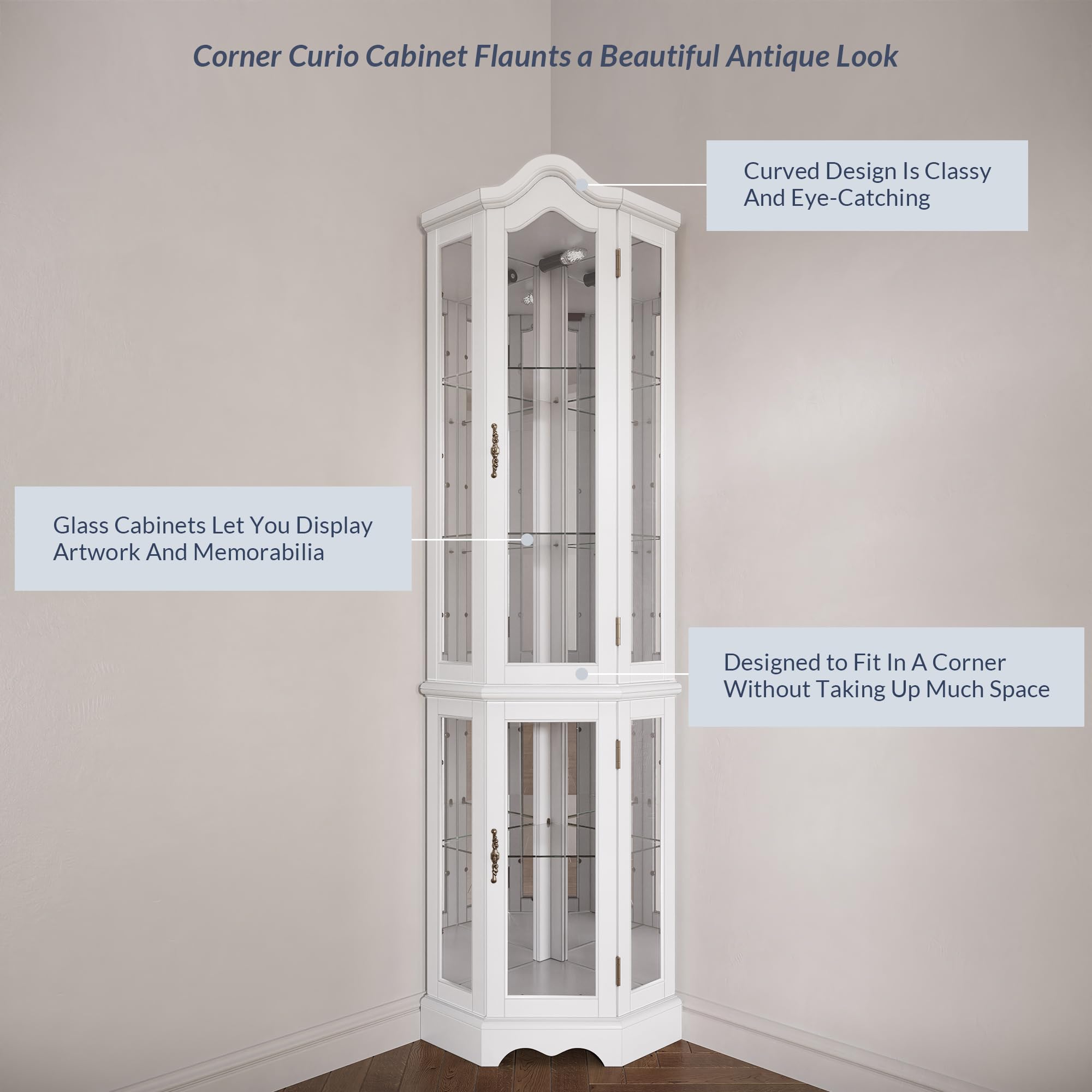 BELLEZE curio cabinet with 2 glass pane doors and 3 glass panels