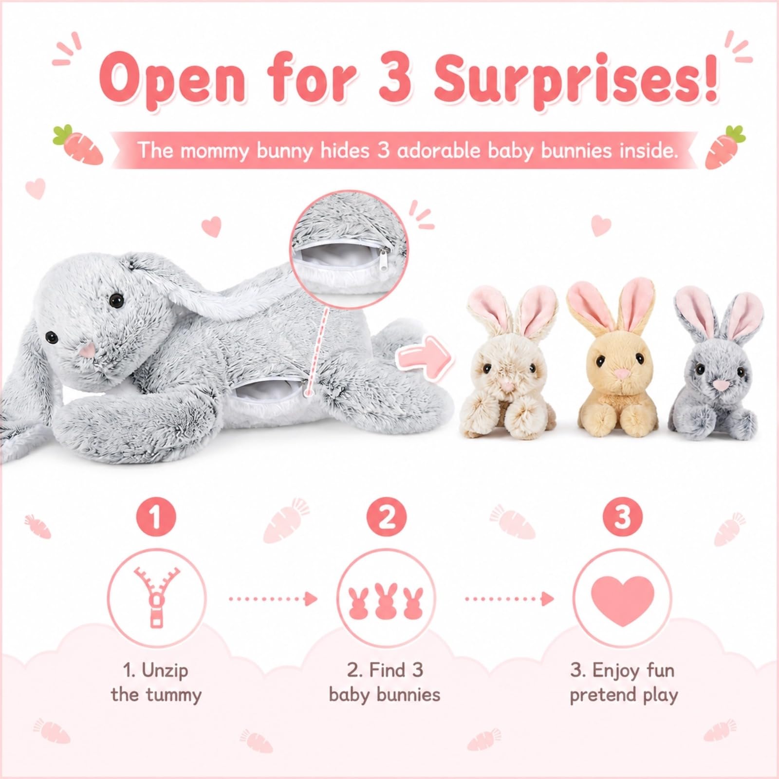 Bunny plush family with detailed face floppy ears and tail