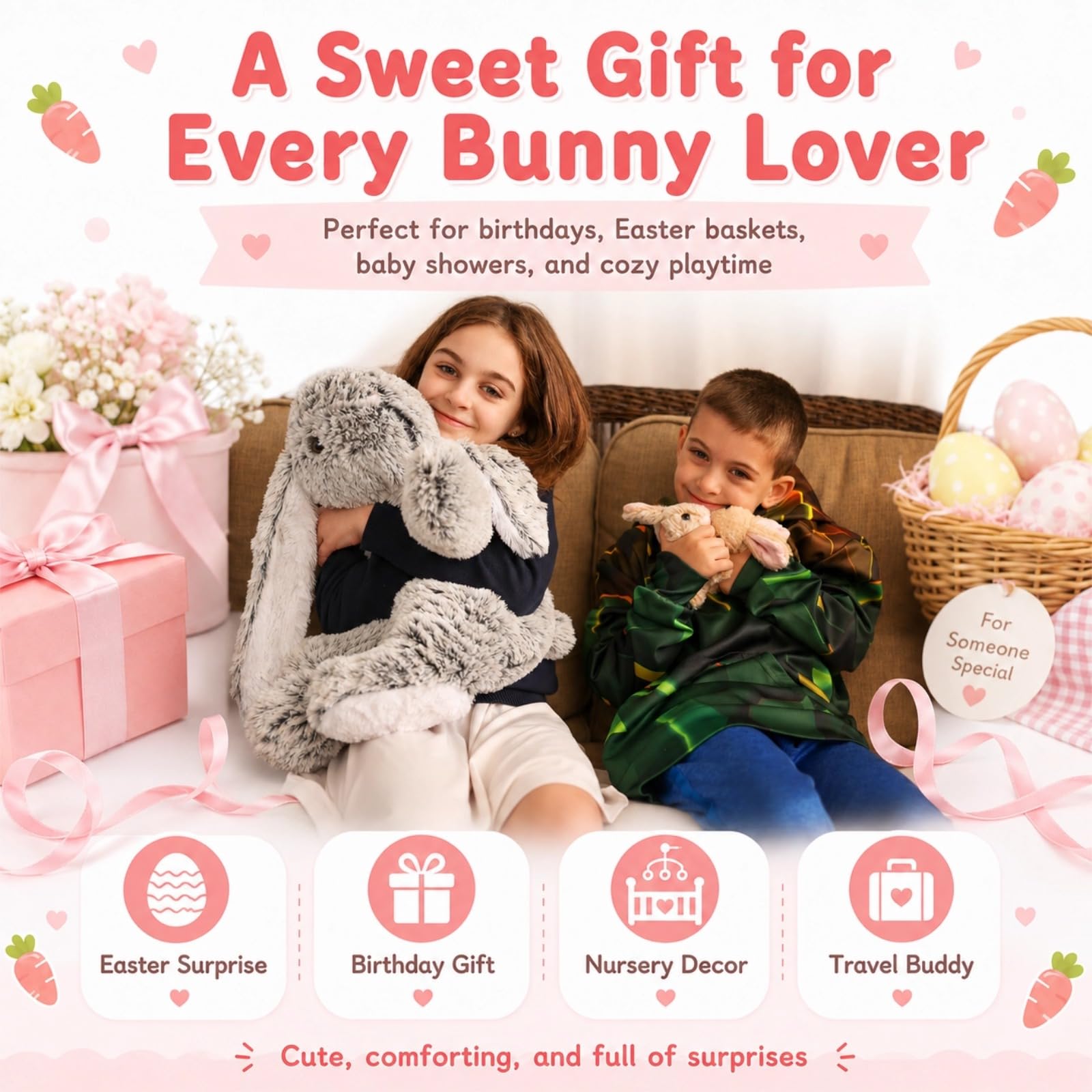 Versatile plush bunny pillow for naps car rides and decor