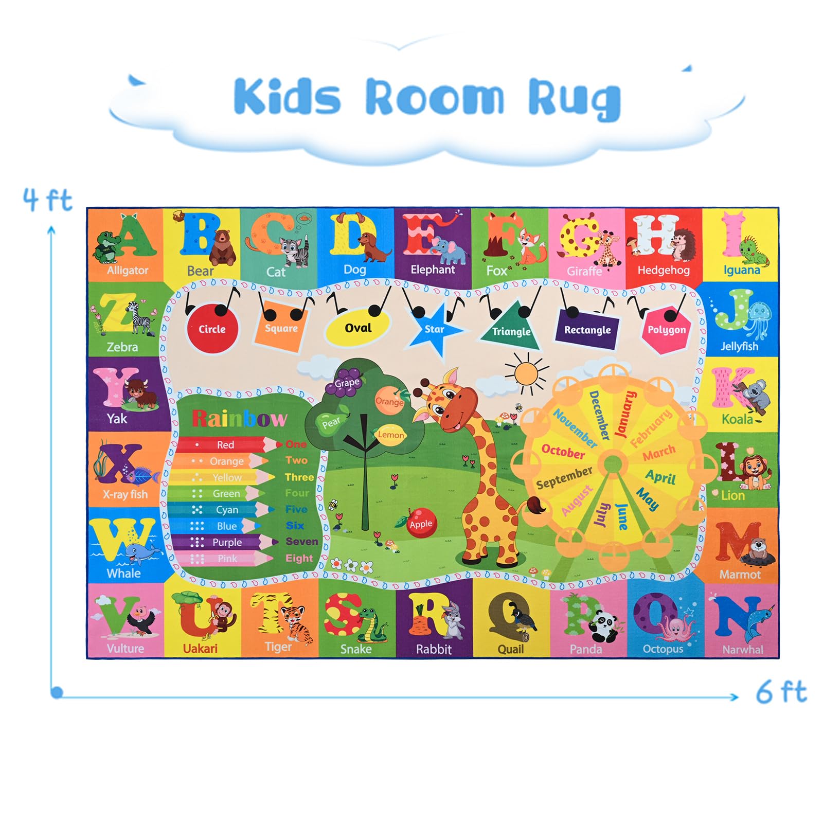 BENRON 4x6 Kids Rug learning themes including alphabets animals shapes colors months