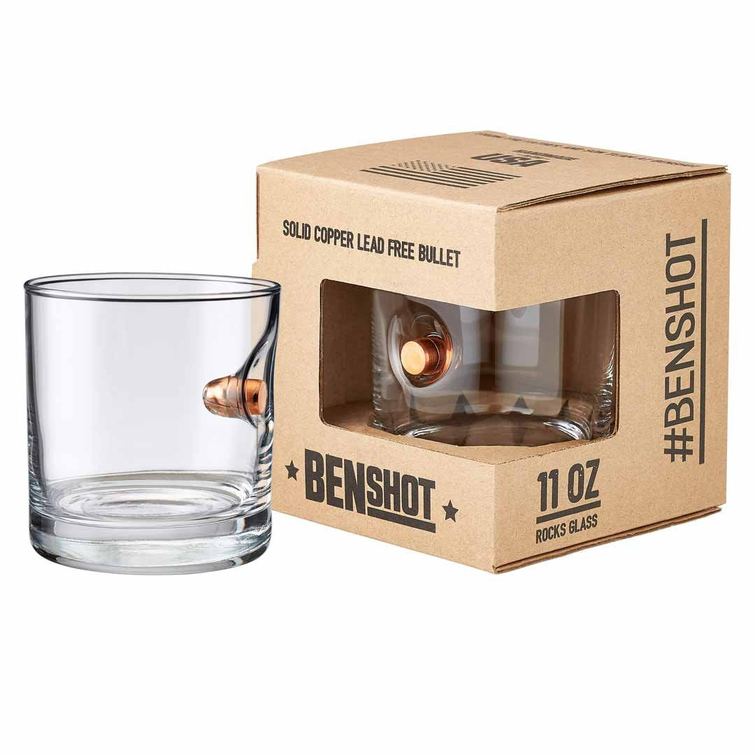 11oz BenShot whiskey glass with embedded bullet