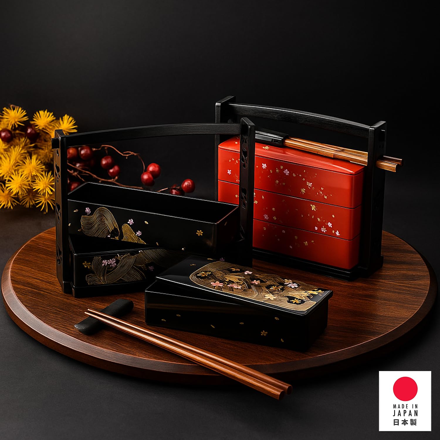 Bunny design lid on red and black bento box