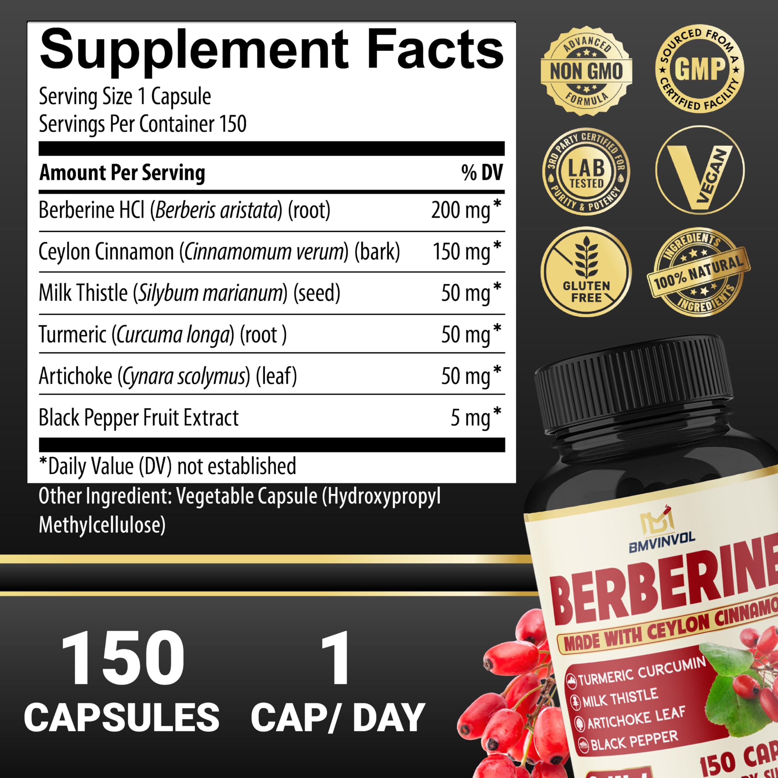Berberine HCl Cinnamon Milk Thistle Turmeric capsules