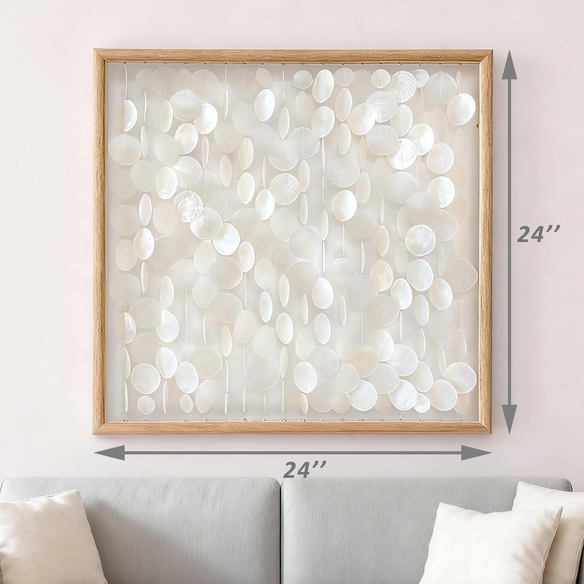 Capiz shell wall decor in white with natural wood frame Bergamot