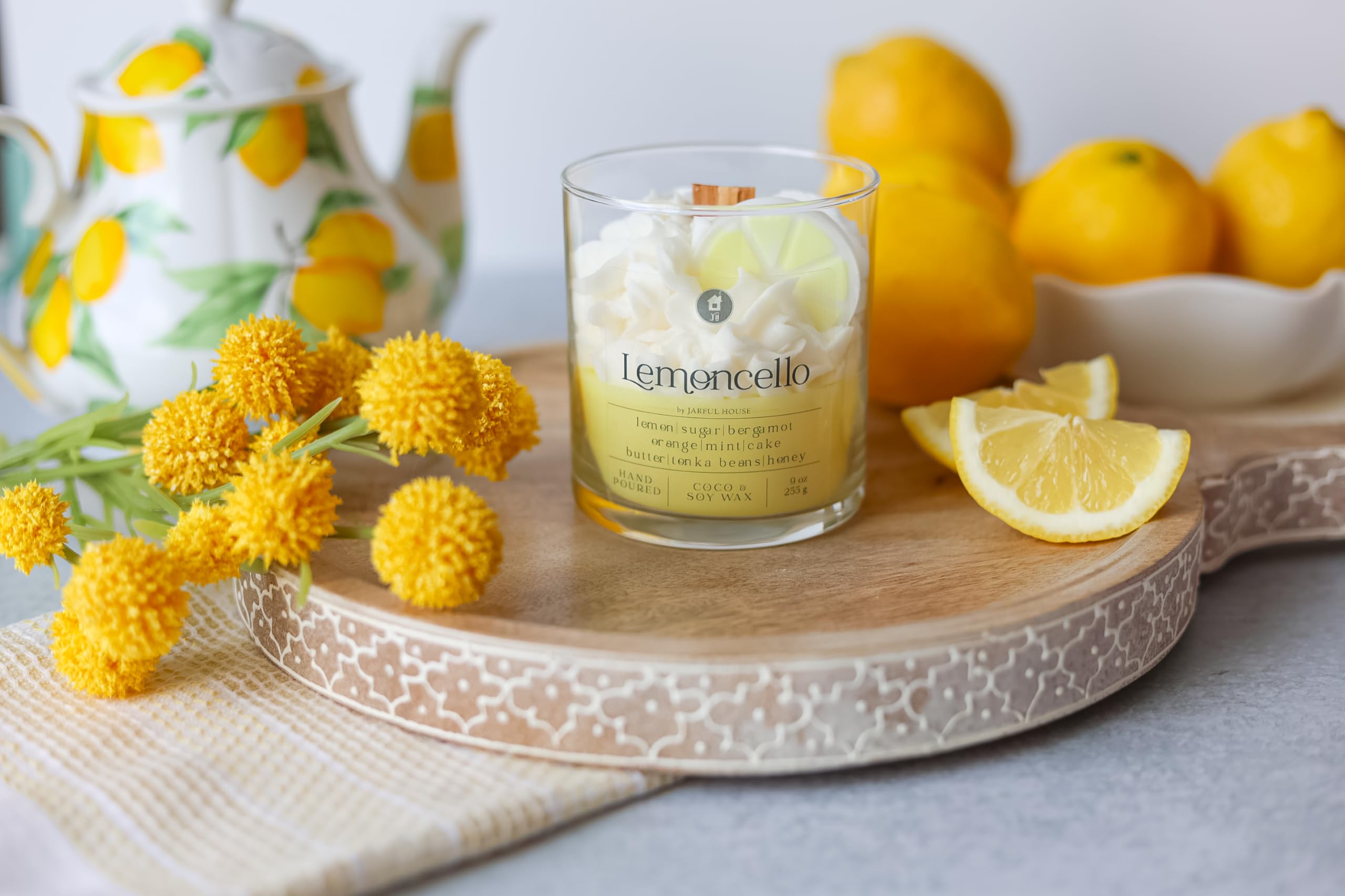 Lemoncello dessert candle with honey drizzle and lemon slice wax melts