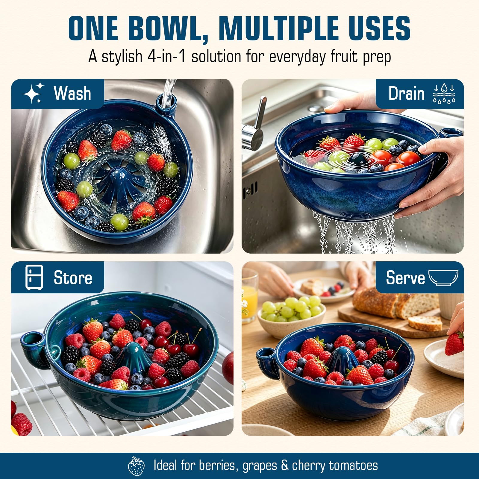 Berry washing bowl blue used for washing and draining small produce